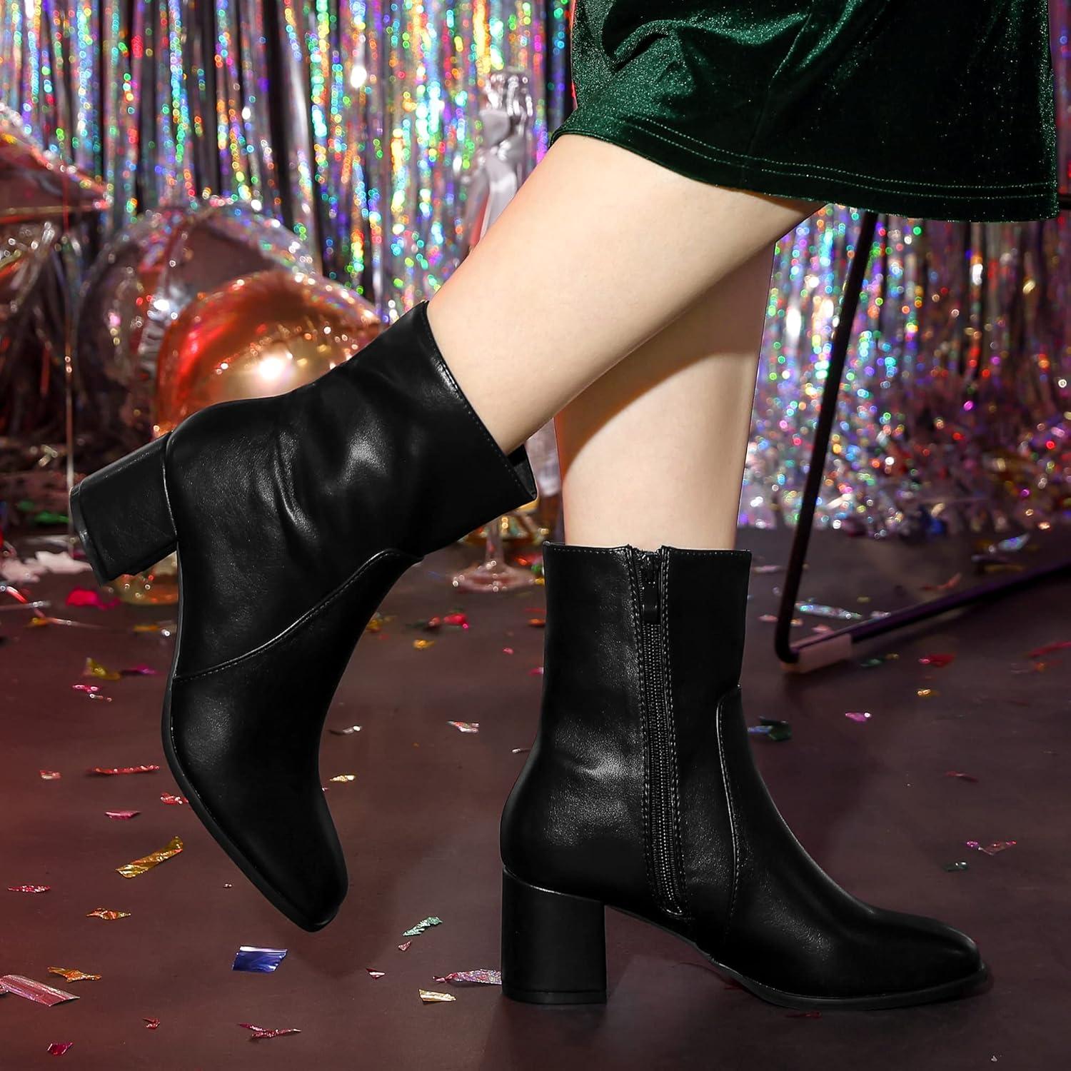 imageAllegra K Womens Square Toe Side Zip Block Heel Ankle BootsBlack