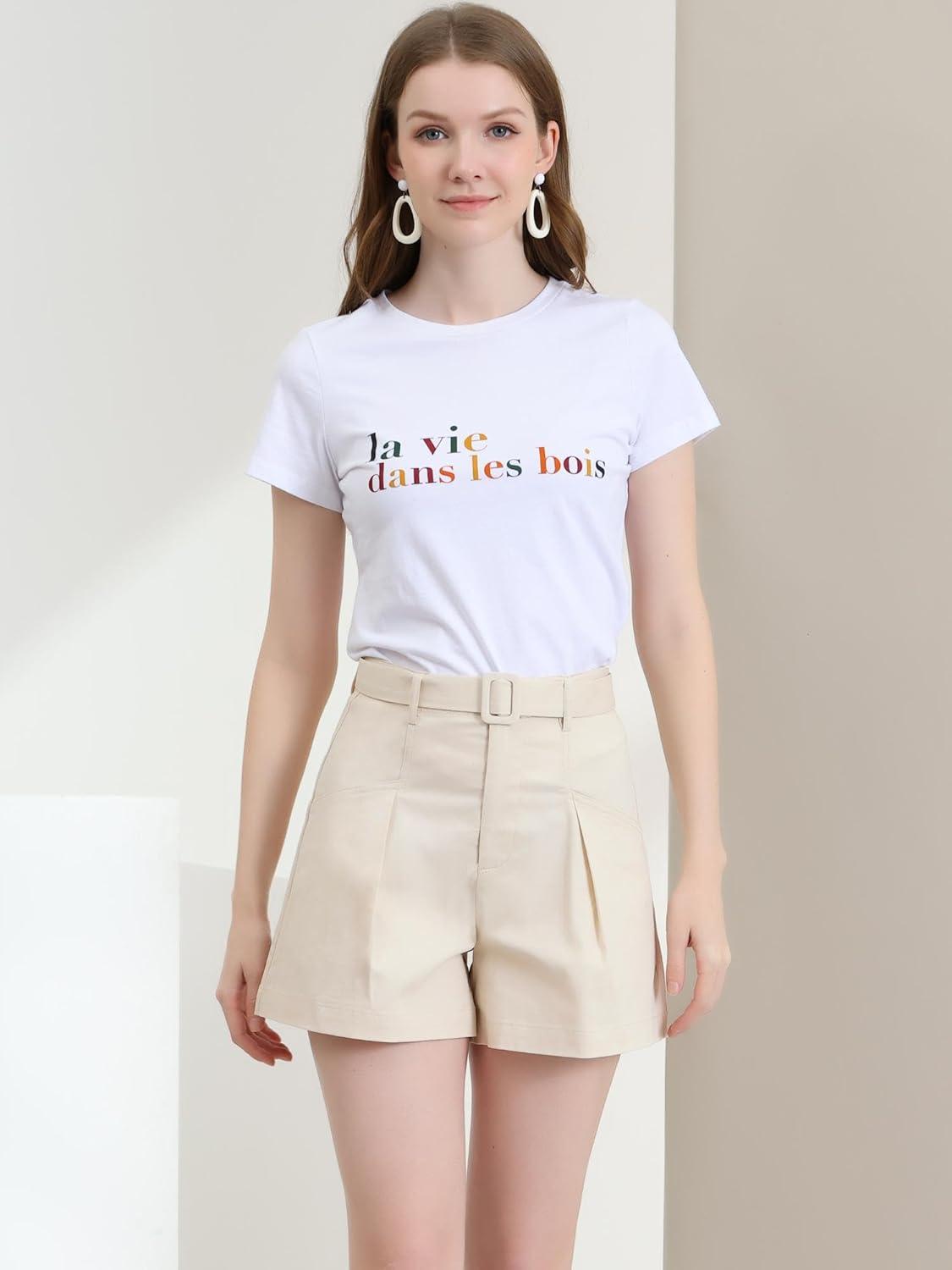 imageAllegra K Womens Summer Belted Cotton Work Office High Waist Shorts with PocketsBeige
