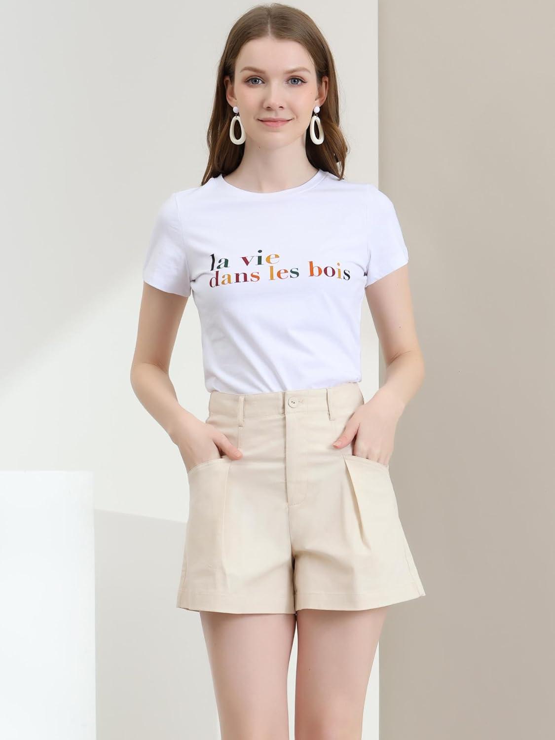 imageAllegra K Womens Summer Belted Cotton Work Office High Waist Shorts with PocketsBeige