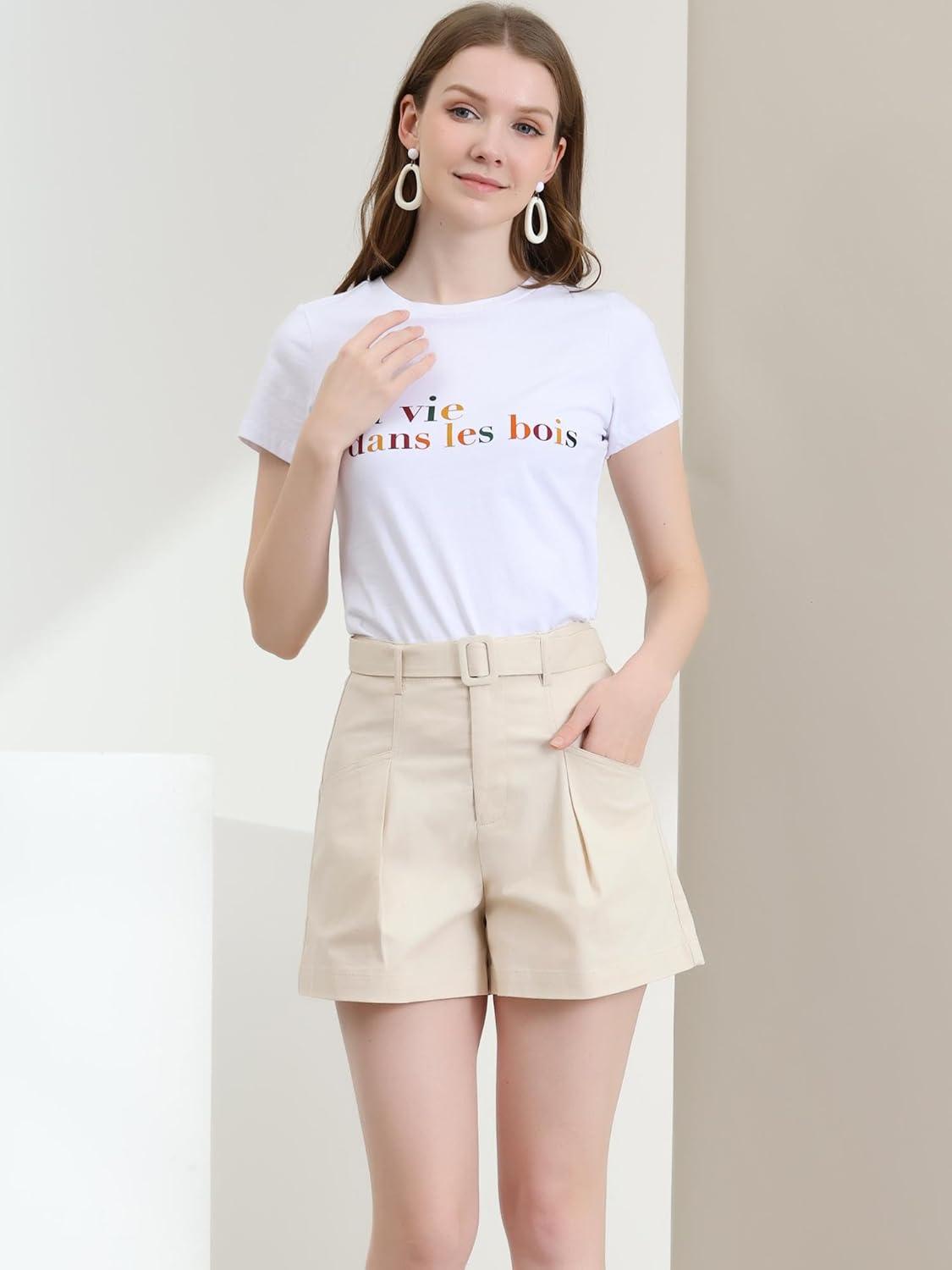 imageAllegra K Womens Summer Belted Cotton Work Office High Waist Shorts with PocketsBeige
