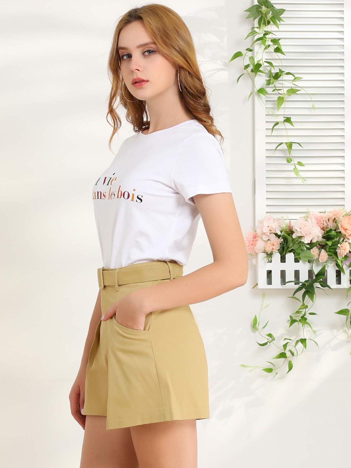 imageAllegra K Womens Summer Belted Cotton Work Office High Waist Shorts with PocketsKhaki