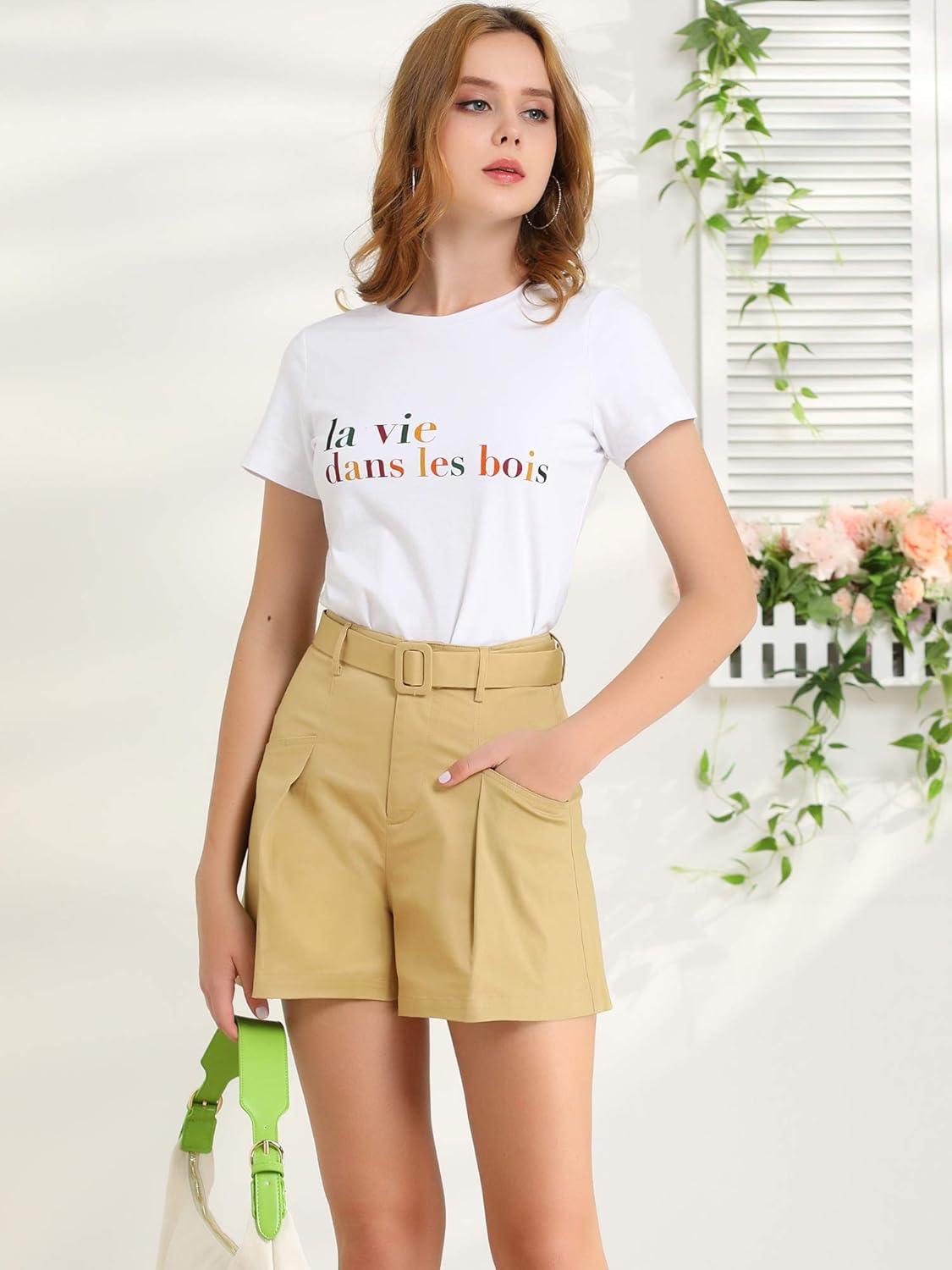 imageAllegra K Womens Summer Belted Cotton Work Office High Waist Shorts with PocketsKhaki