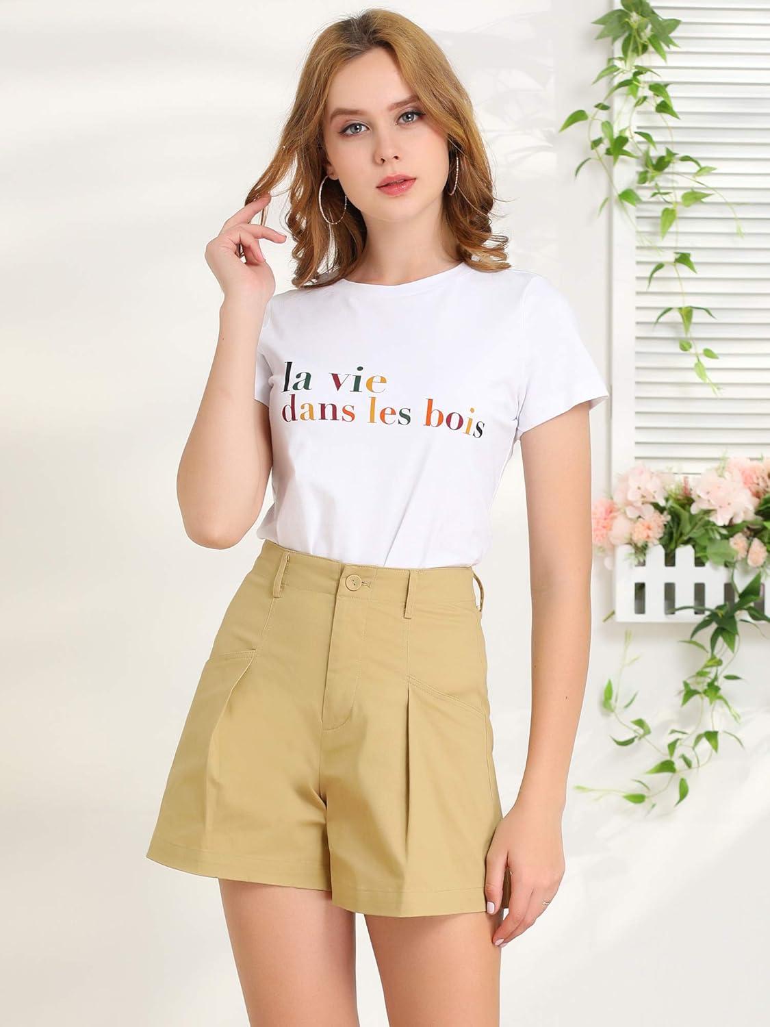 imageAllegra K Womens Summer Belted Cotton Work Office High Waist Shorts with PocketsKhaki