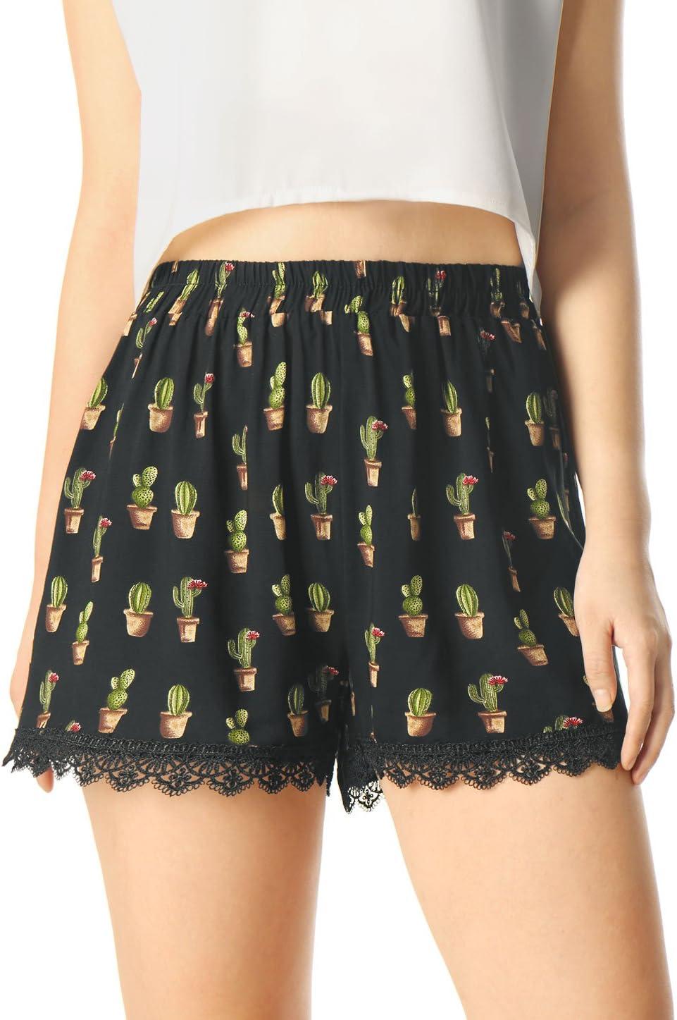 imageAllegra K Womens Summer Shorts Floral Printed Lace Trim Elastic Waist Beach ShortsBlackcactus Print