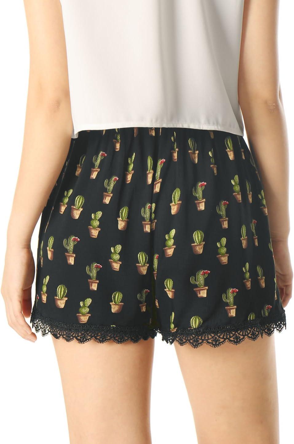 imageAllegra K Womens Summer Shorts Floral Printed Lace Trim Elastic Waist Beach ShortsBlackcactus Print