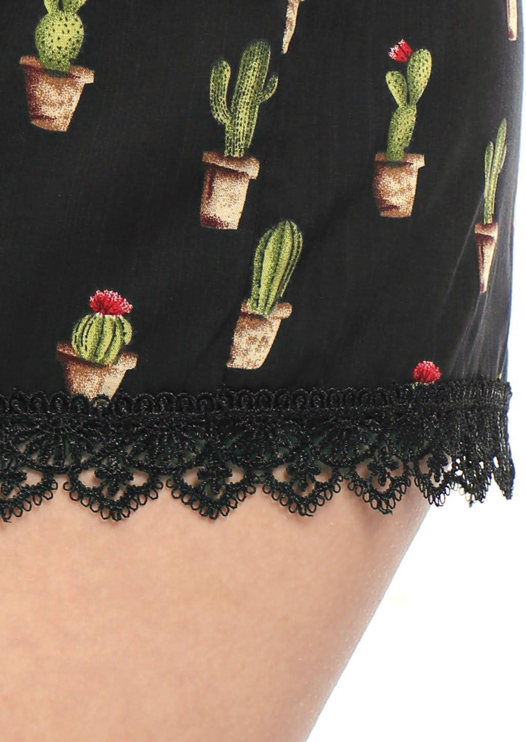 imageAllegra K Womens Summer Shorts Floral Printed Lace Trim Elastic Waist Beach ShortsBlackcactus Print