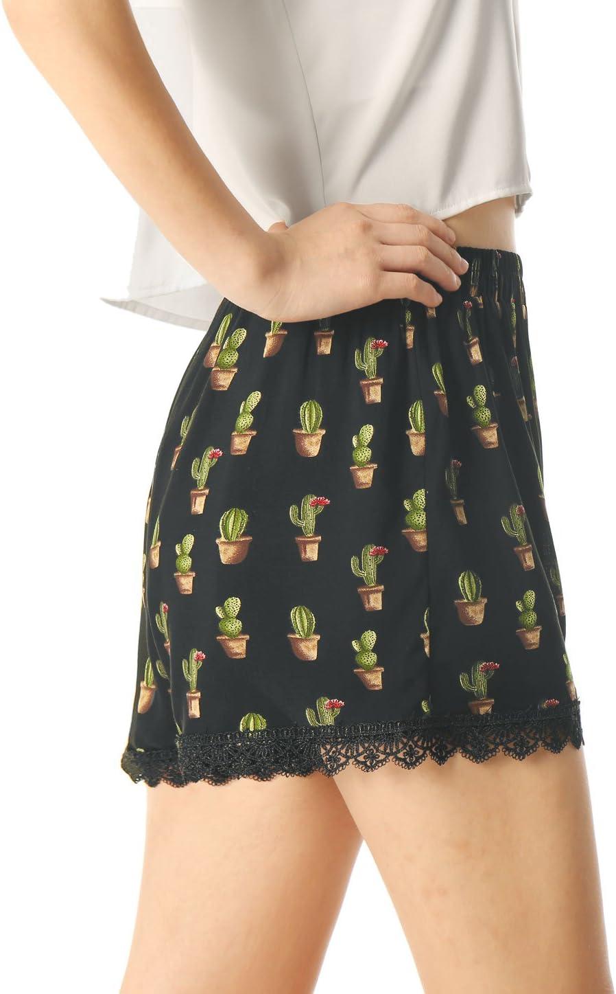 imageAllegra K Womens Summer Shorts Floral Printed Lace Trim Elastic Waist Beach ShortsBlackcactus Print