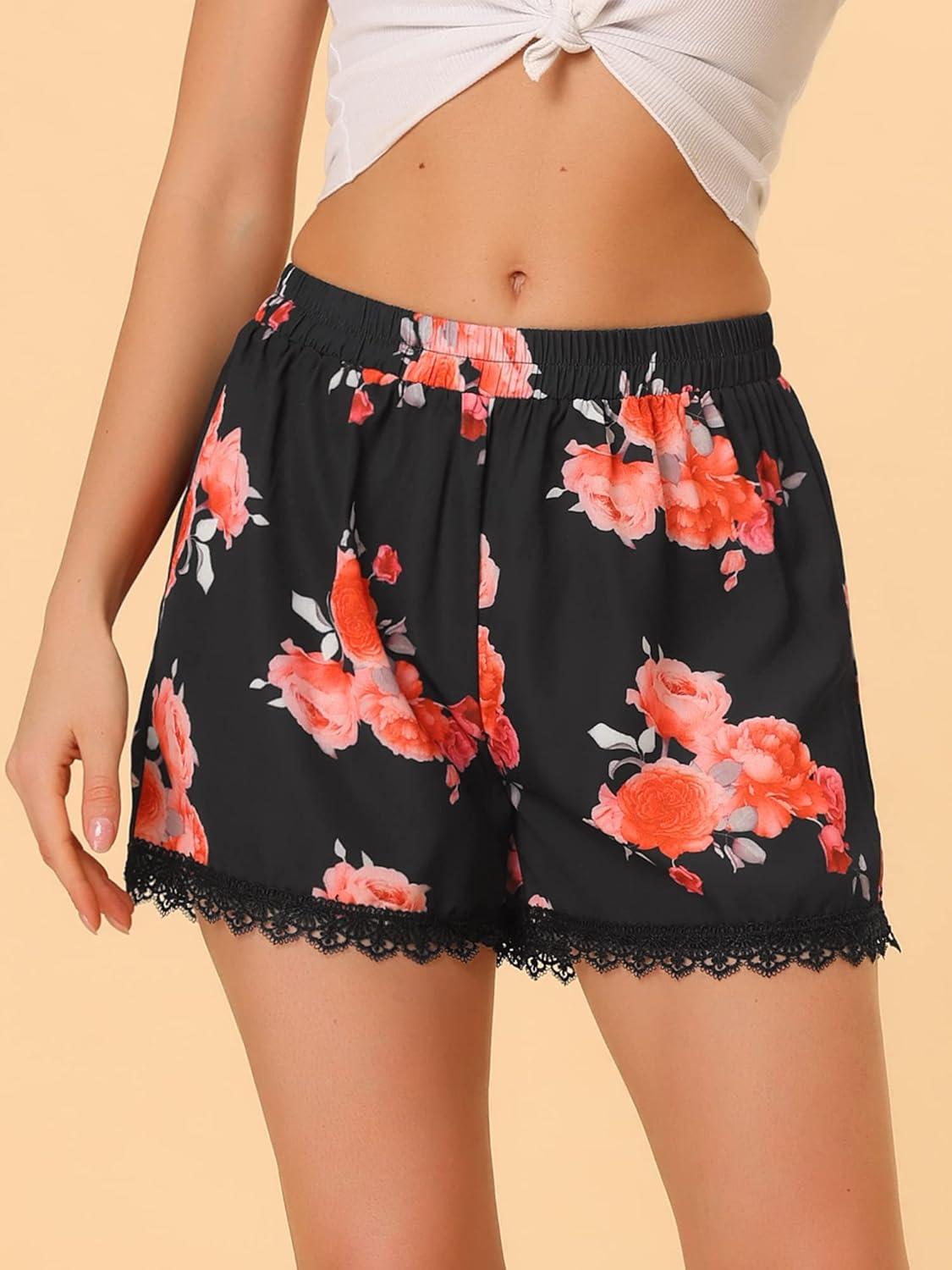 imageAllegra K Womens Summer Shorts Floral Printed Lace Trim Elastic Waist Beach ShortsBlackpeony Flower