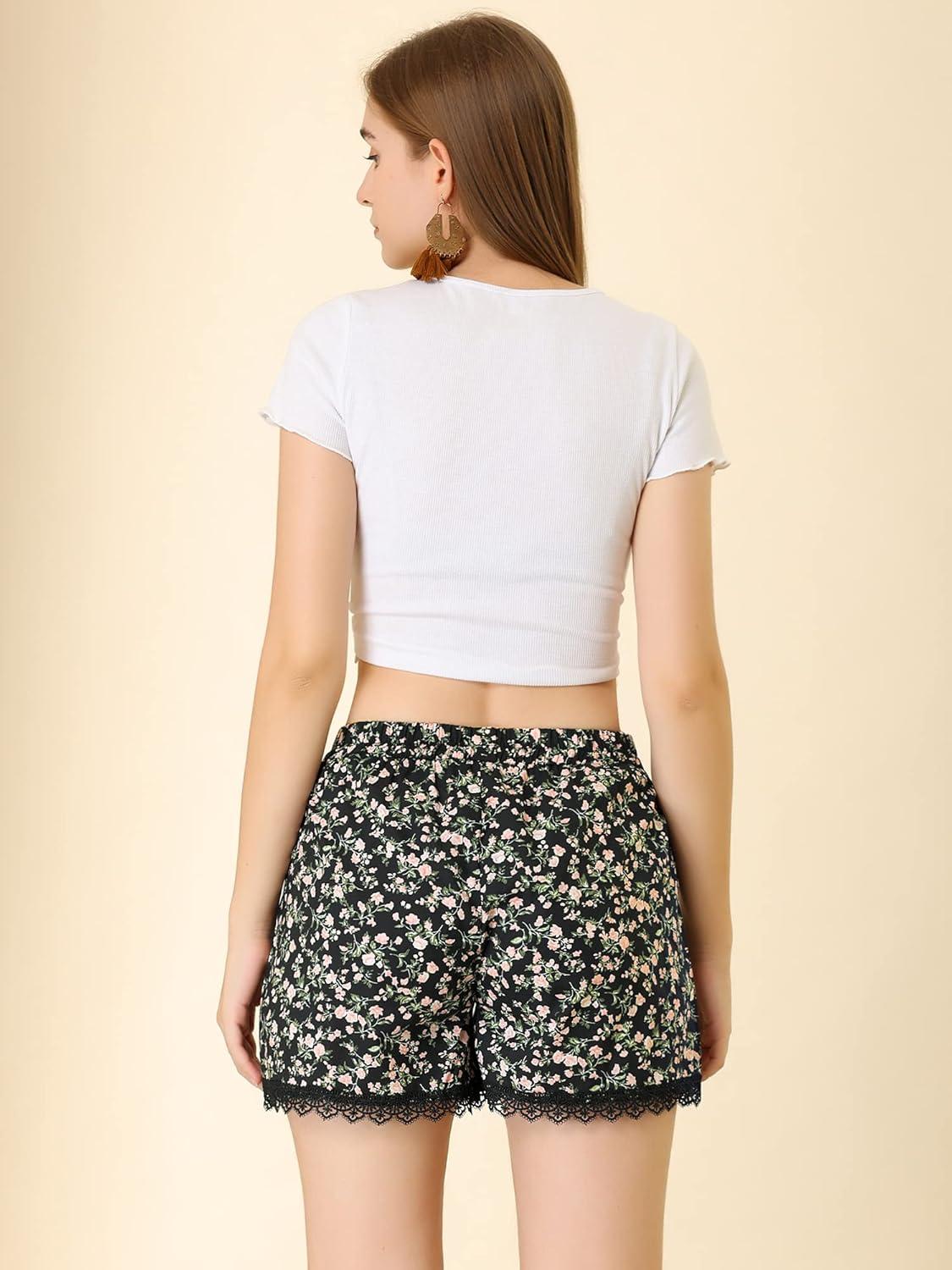 imageAllegra K Womens Summer Shorts Floral Printed Lace Trim Elastic Waist Beach ShortsBlackpinkflower