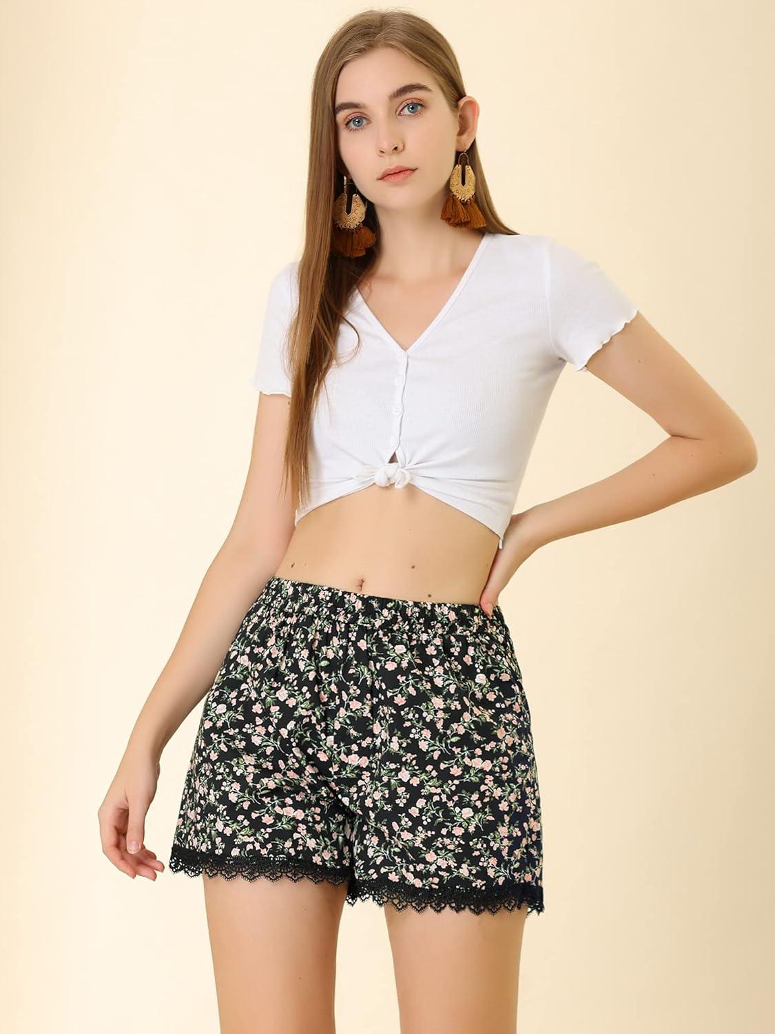 imageAllegra K Womens Summer Shorts Floral Printed Lace Trim Elastic Waist Beach ShortsBlackpinkflower