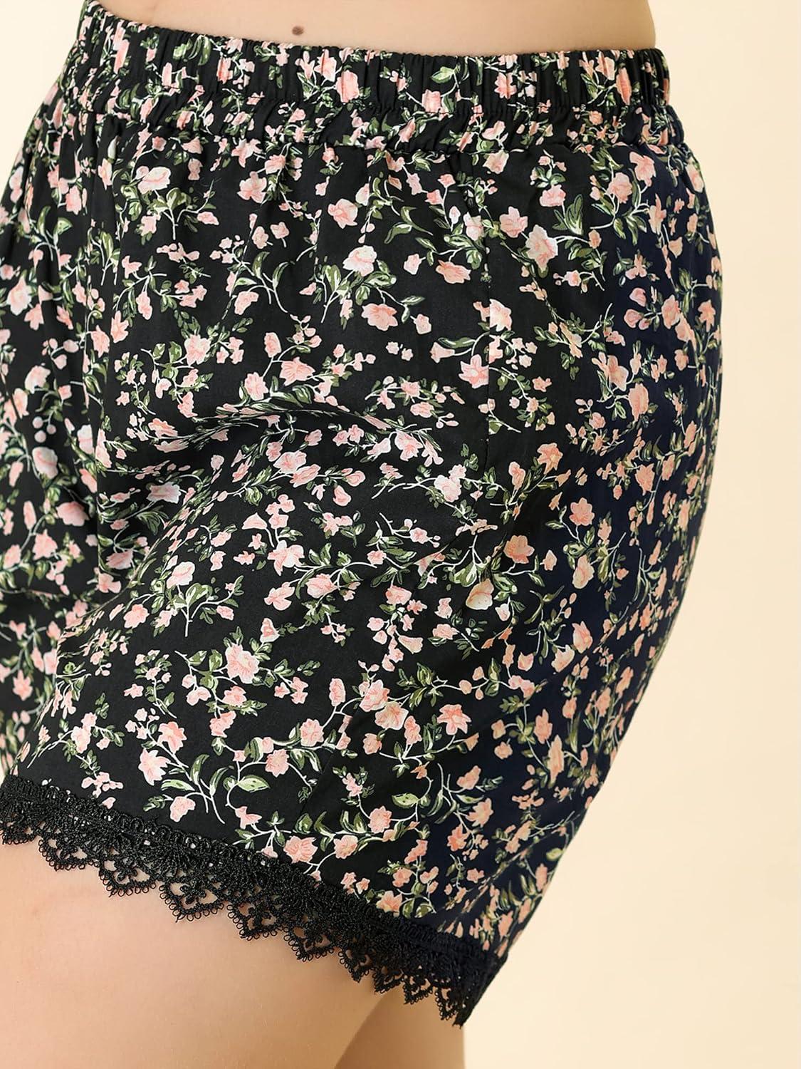 imageAllegra K Womens Summer Shorts Floral Printed Lace Trim Elastic Waist Beach ShortsBlackpinkflower
