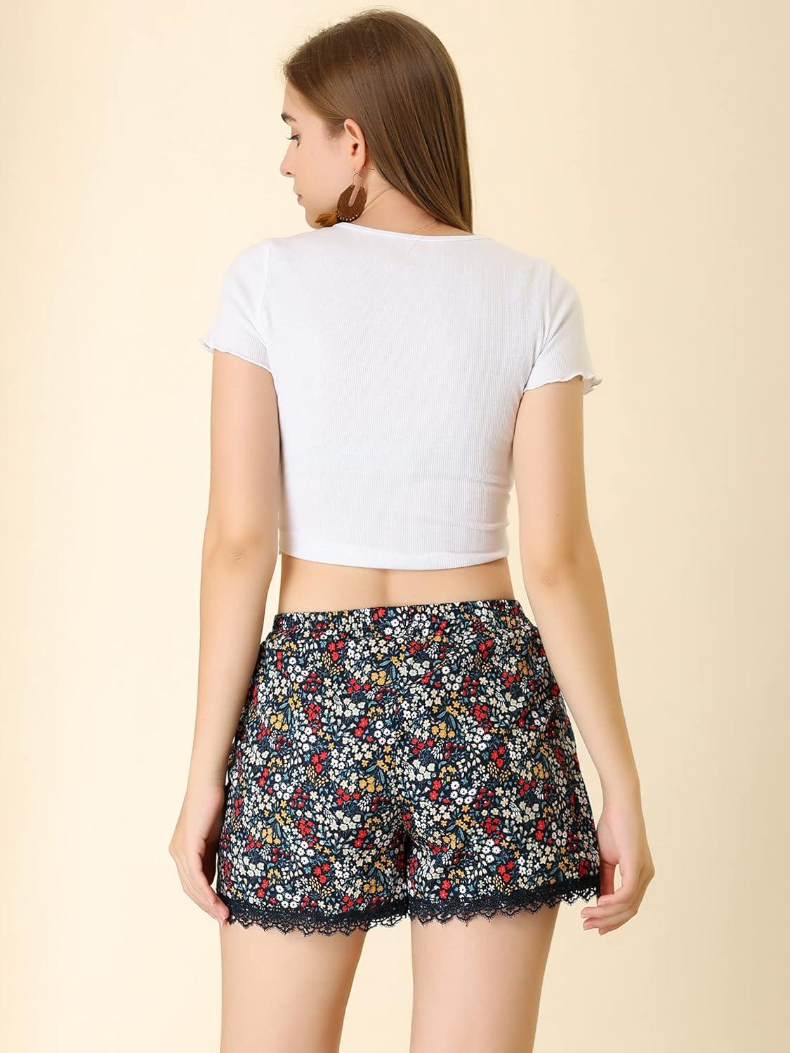imageAllegra K Womens Summer Shorts Floral Printed Lace Trim Elastic Waist Beach ShortsNavy BlueyellowRed