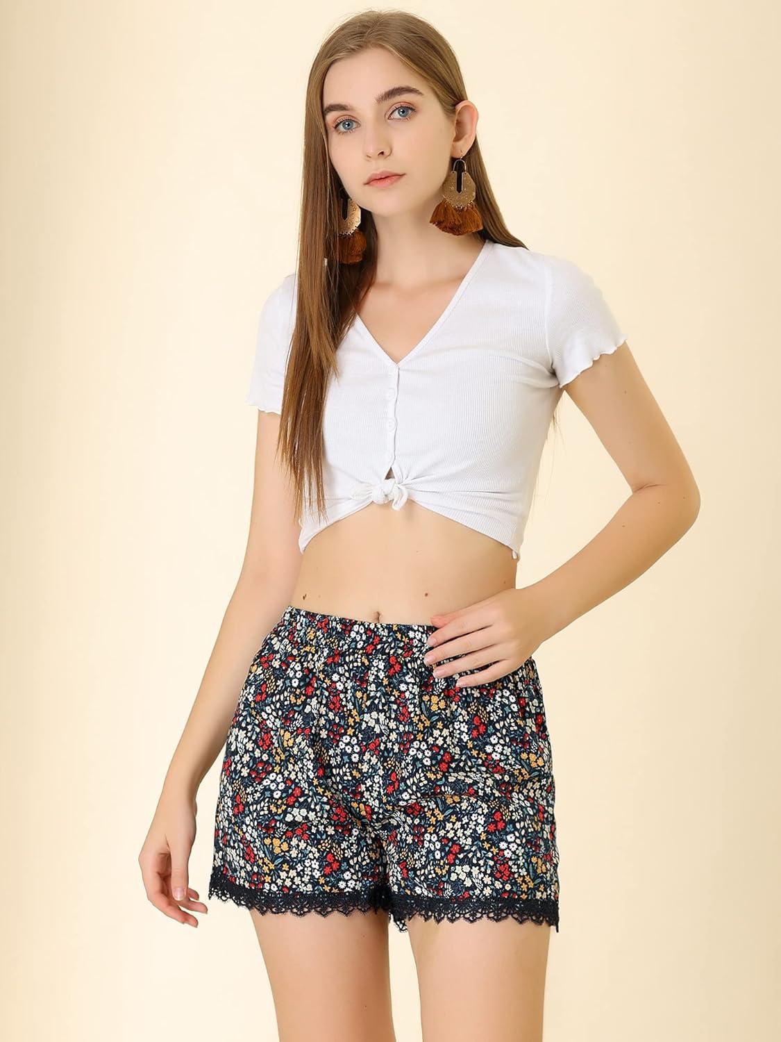 imageAllegra K Womens Summer Shorts Floral Printed Lace Trim Elastic Waist Beach ShortsNavy BlueyellowRed