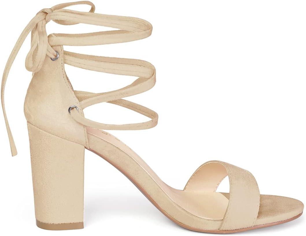 imageAllegra K Womens Tie Up Strappy Heels Chunky High Heels SandalBeige