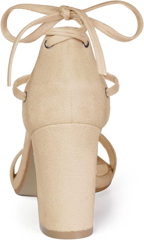 imageAllegra K Womens Tie Up Strappy Heels Chunky High Heels SandalBeige