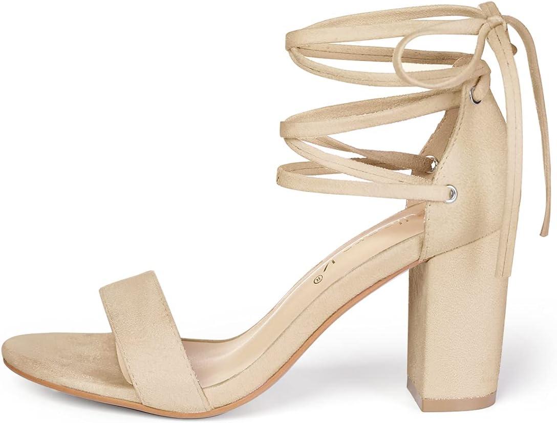 imageAllegra K Womens Tie Up Strappy Heels Chunky High Heels SandalBeige