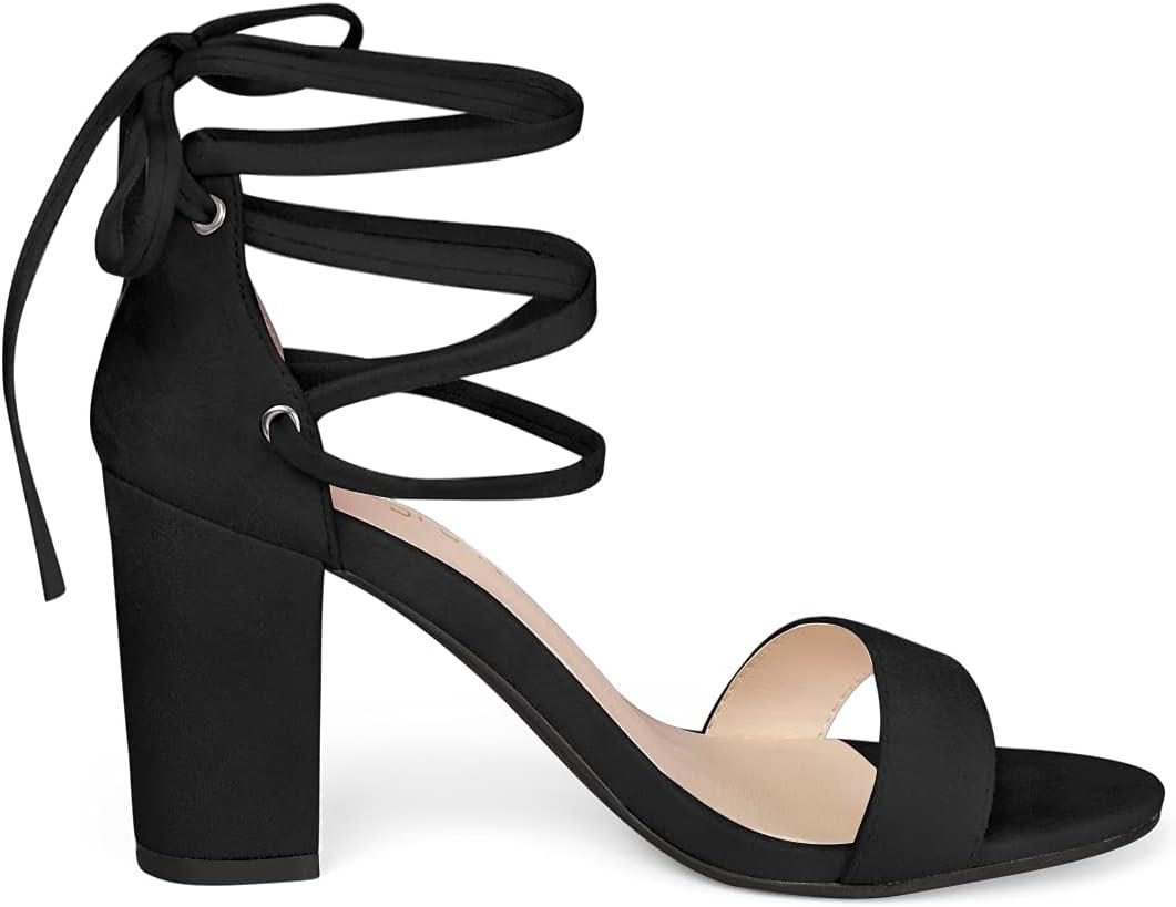 imageAllegra K Womens Tie Up Strappy Heels Chunky High Heels SandalBlack