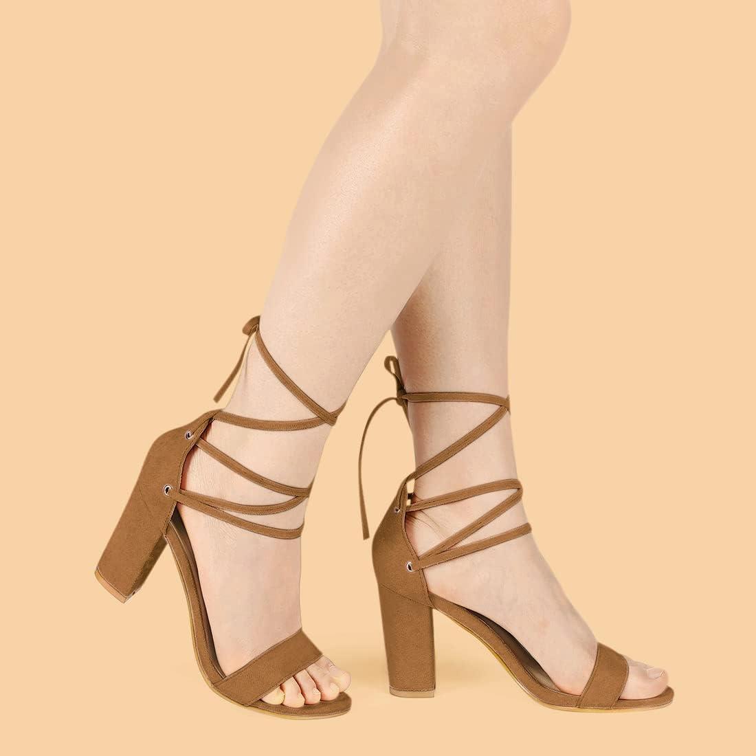 imageAllegra K Womens Tie Up Strappy Heels Chunky High Heels SandalBrown
