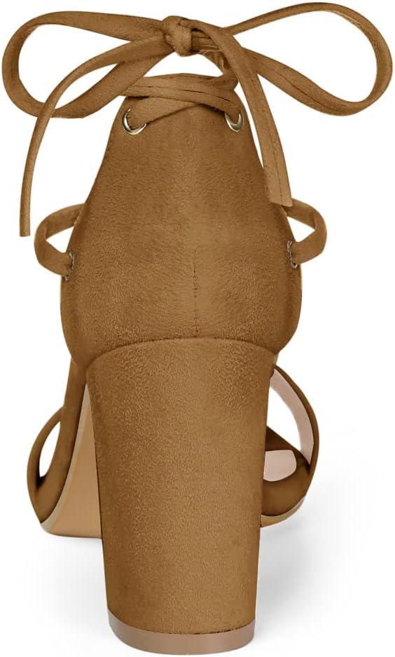 imageAllegra K Womens Tie Up Strappy Heels Chunky High Heels SandalBrown