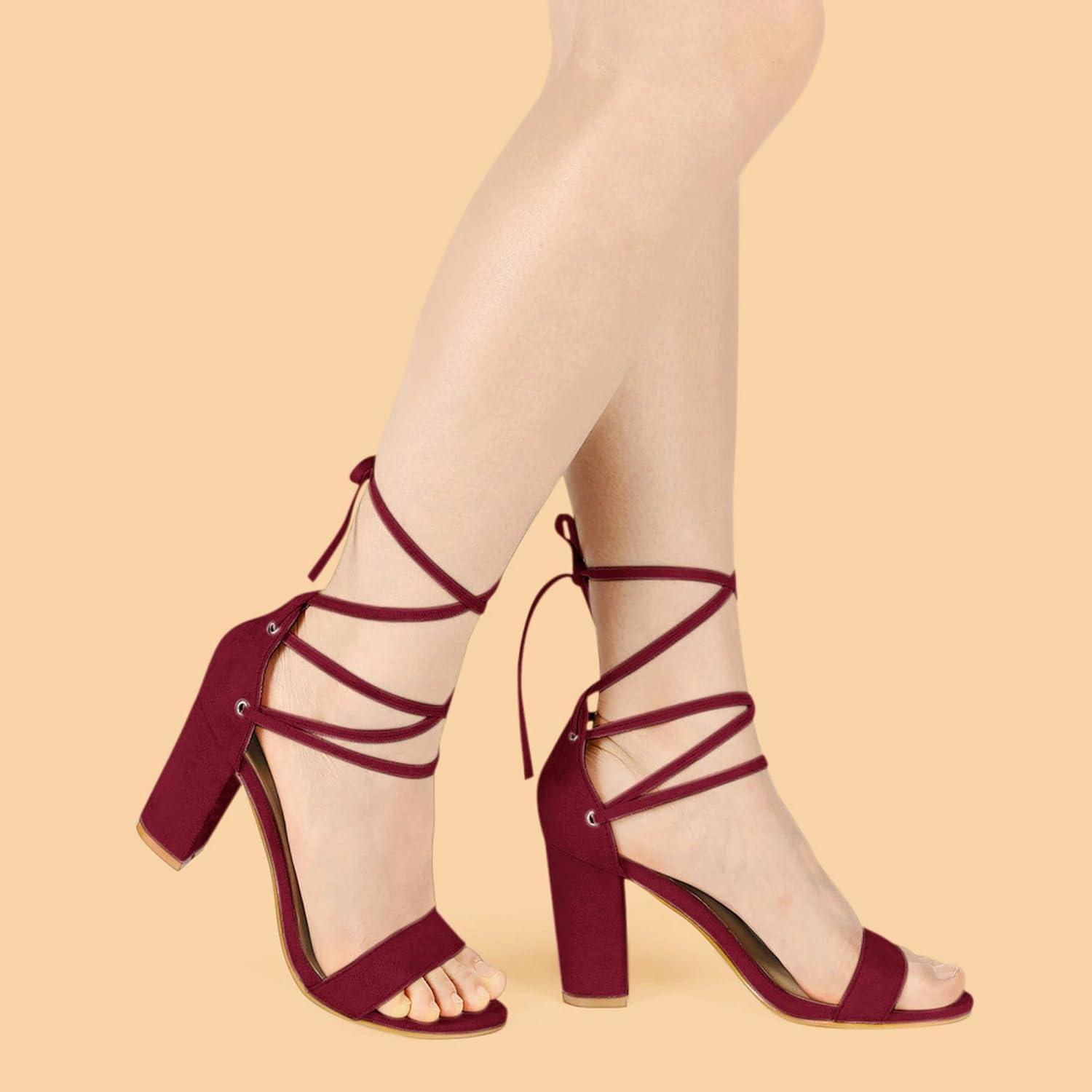 imageAllegra K Womens Tie Up Strappy Heels Chunky High Heels SandalBurgundy