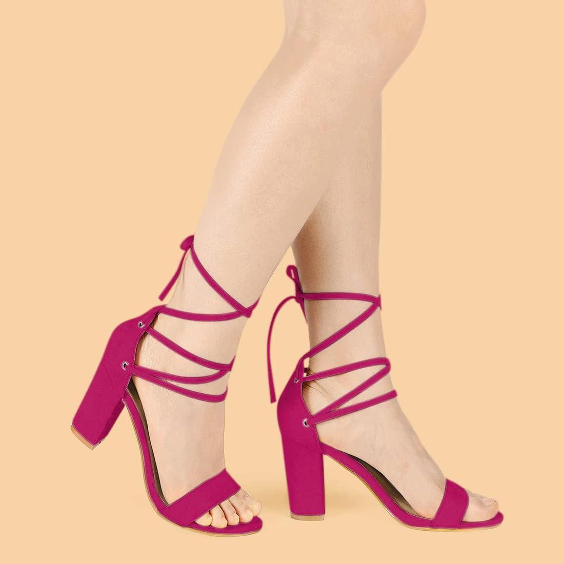imageAllegra K Womens Tie Up Strappy Heels Chunky High Heels SandalHot Pink