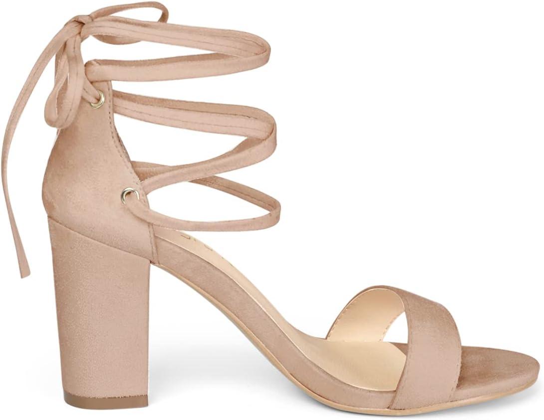 imageAllegra K Womens Tie Up Strappy Heels Chunky High Heels SandalNude