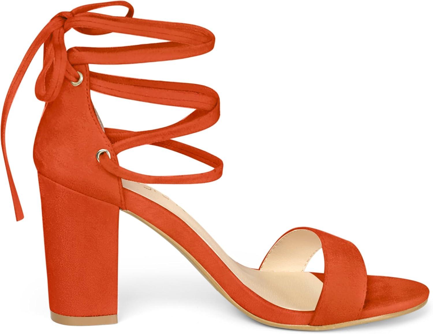 imageAllegra K Womens Tie Up Strappy Heels Chunky High Heels SandalOrange