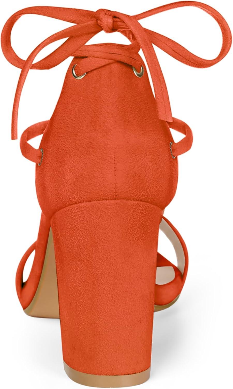 imageAllegra K Womens Tie Up Strappy Heels Chunky High Heels SandalOrange