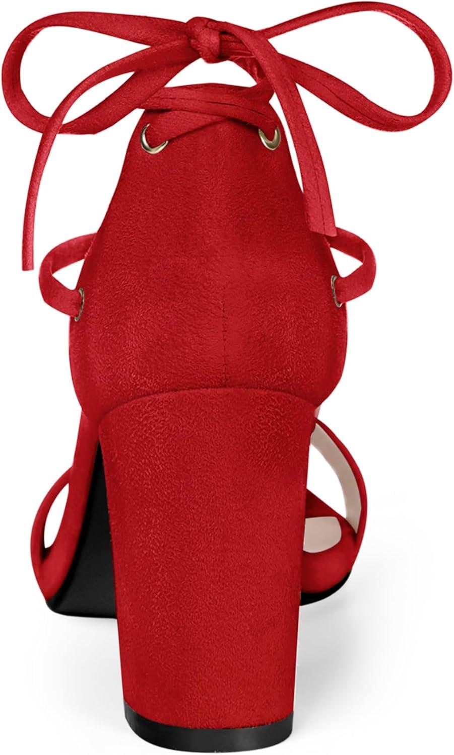 imageAllegra K Womens Tie Up Strappy Heels Chunky High Heels SandalRed