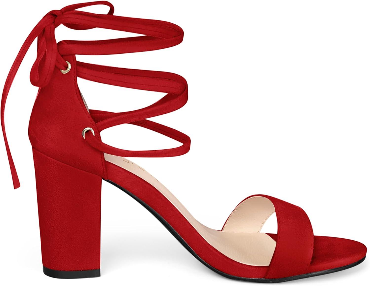 imageAllegra K Womens Tie Up Strappy Heels Chunky High Heels SandalRed