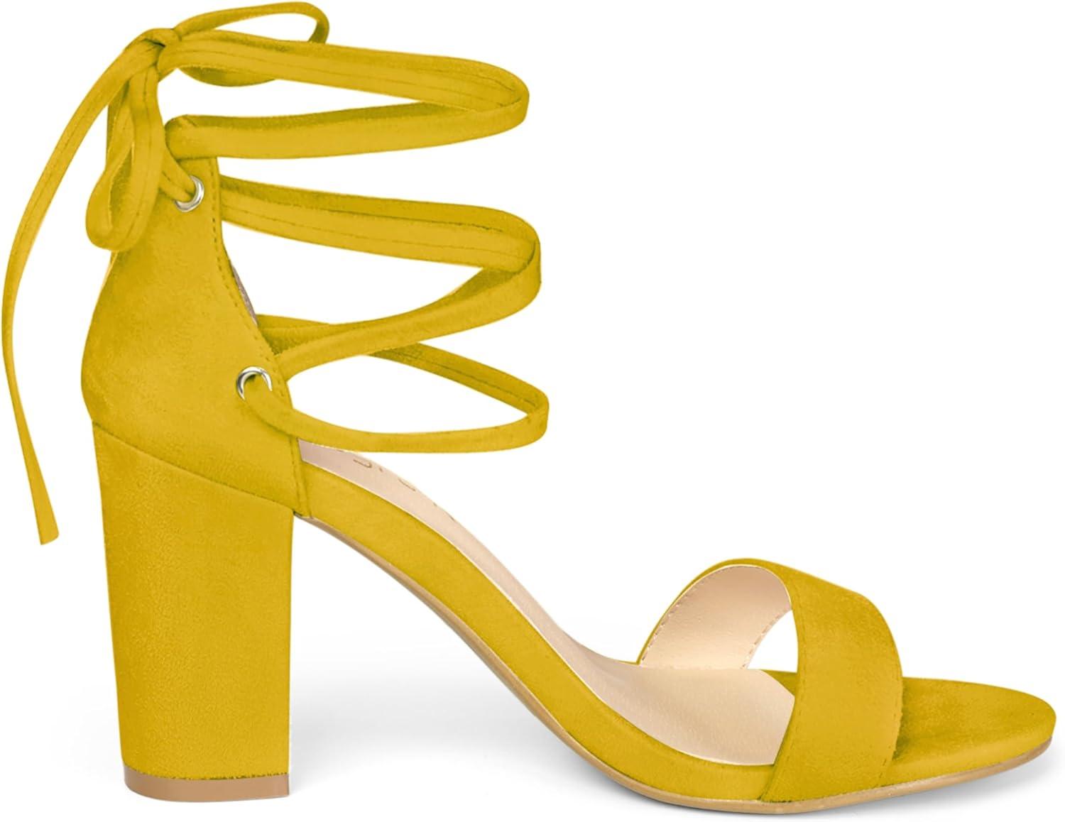 imageAllegra K Womens Tie Up Strappy Heels Chunky High Heels SandalYellow
