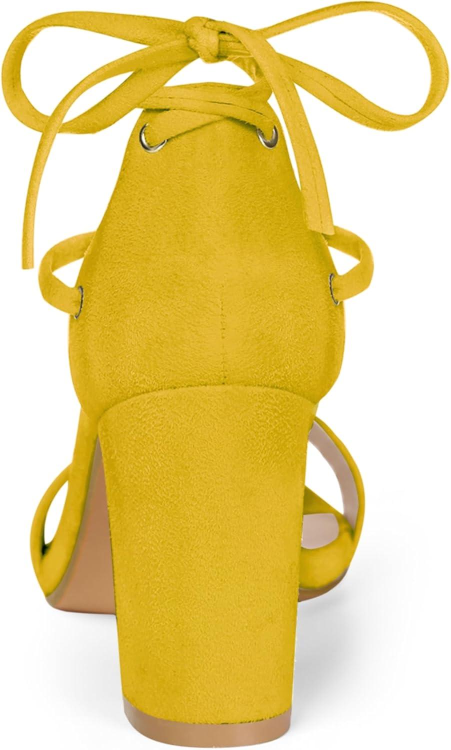 imageAllegra K Womens Tie Up Strappy Heels Chunky High Heels SandalYellow