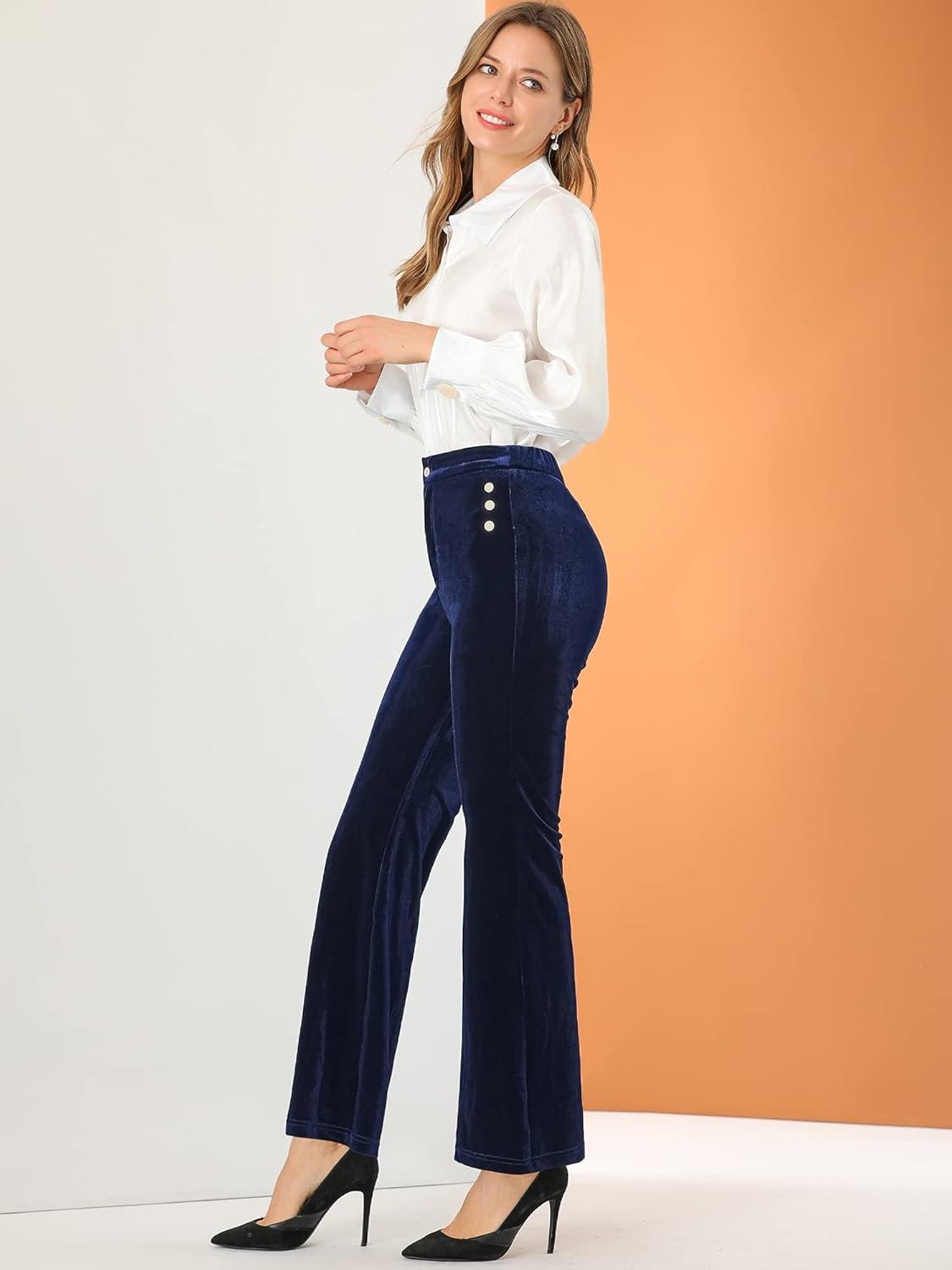 imageAllegra K Womens Velvet Pants Botton Decor High Waist Wide Flare Leg PantsDark Purple