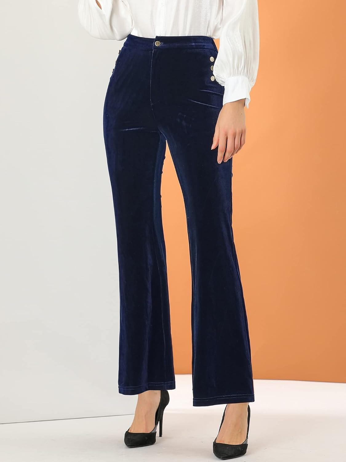 imageAllegra K Womens Velvet Pants Botton Decor High Waist Wide Flare Leg PantsDark Purple