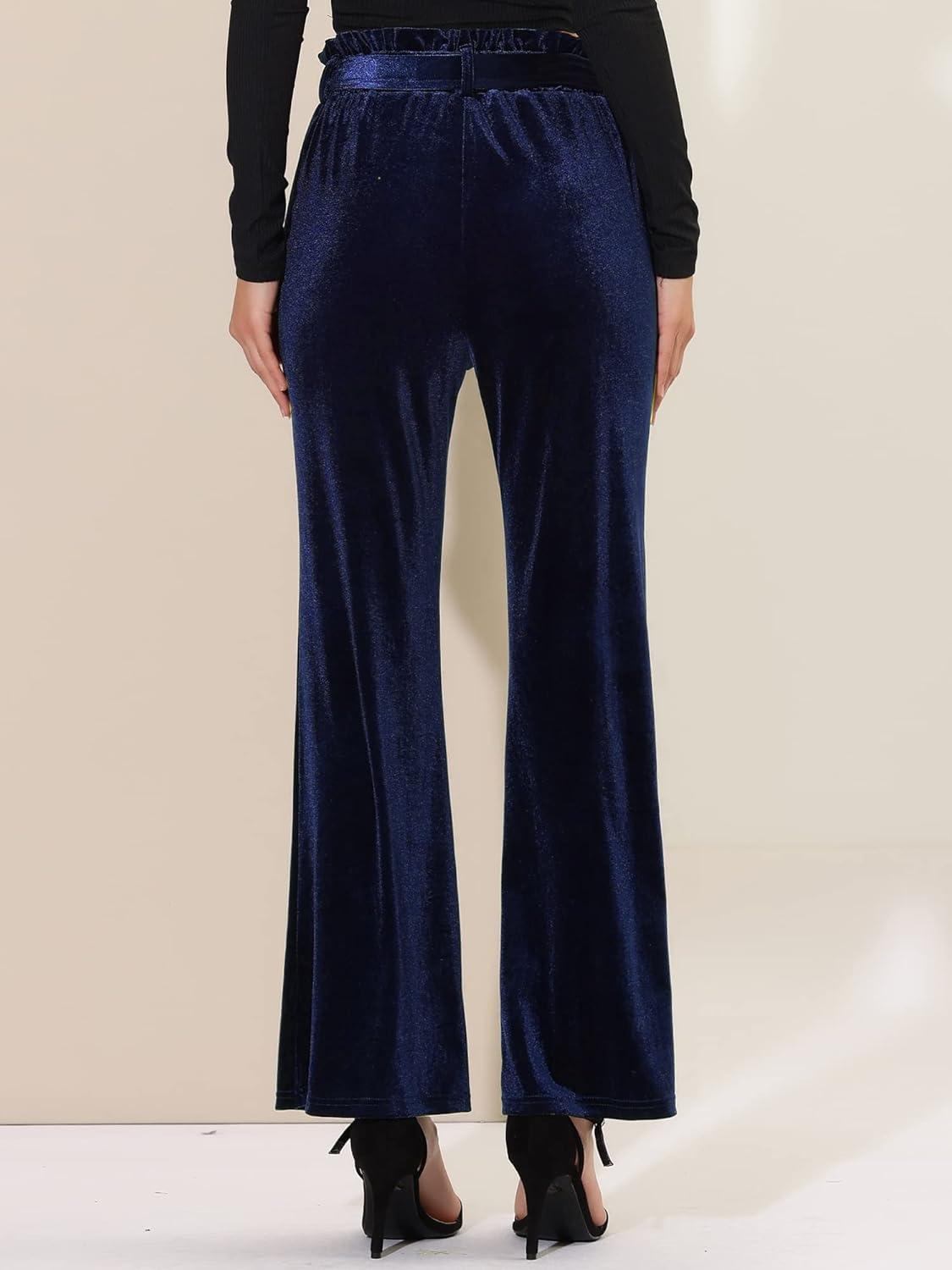 imageAllegra K Womens Velvet Pants Halloween Tie Waist Stretchy Wide Leg Pants with PocketsDark Blue