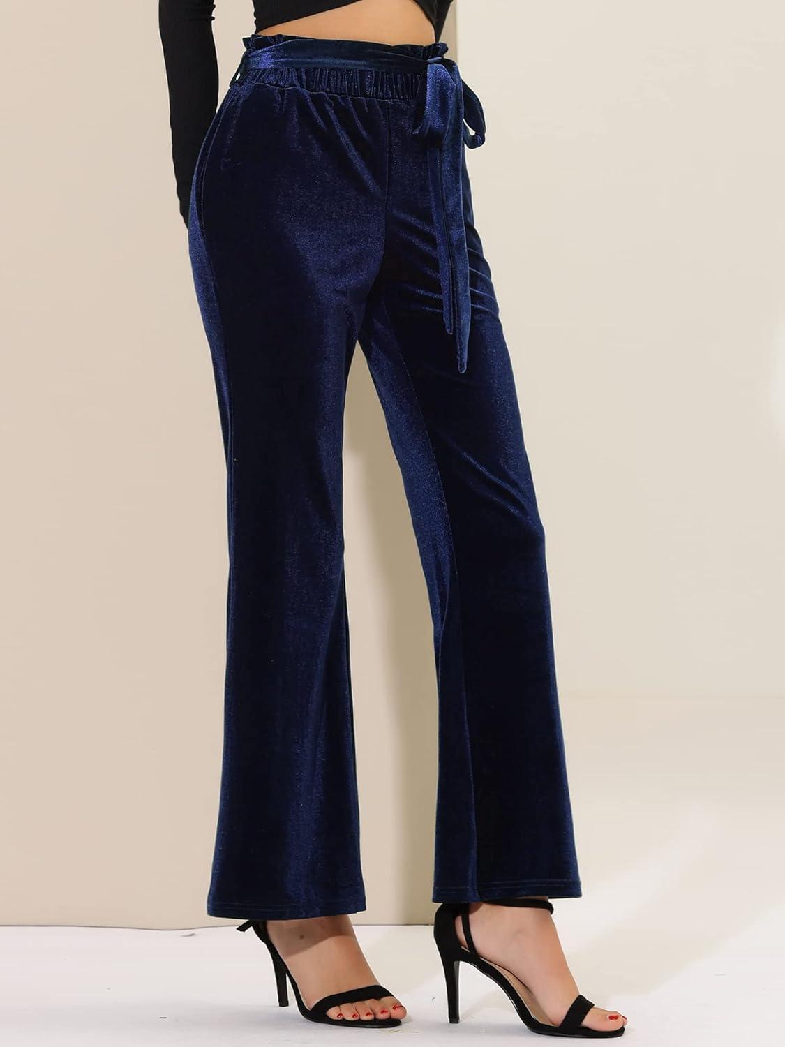imageAllegra K Womens Velvet Pants Halloween Tie Waist Stretchy Wide Leg Pants with PocketsDark Blue