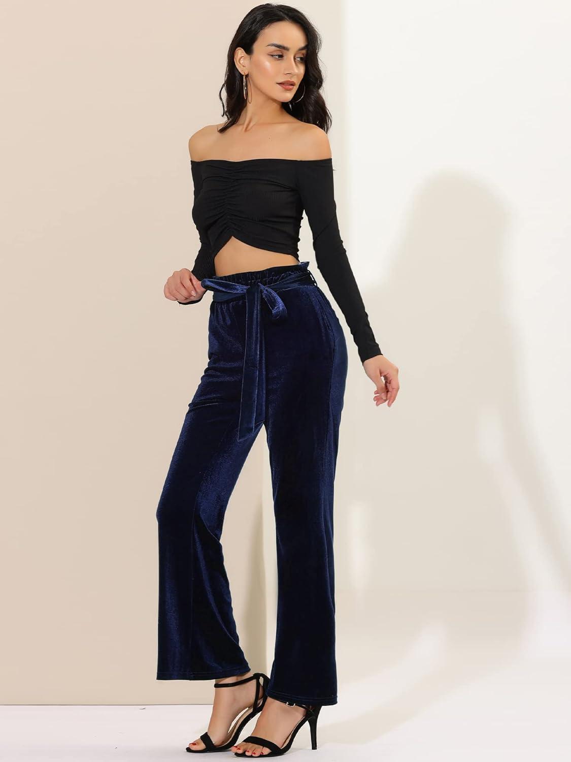 imageAllegra K Womens Velvet Pants Halloween Tie Waist Stretchy Wide Leg Pants with PocketsDark Blue