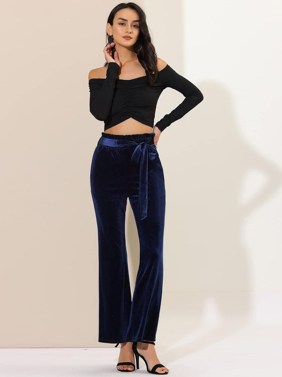 imageAllegra K Womens Velvet Pants Halloween Tie Waist Stretchy Wide Leg Pants with PocketsDark Blue