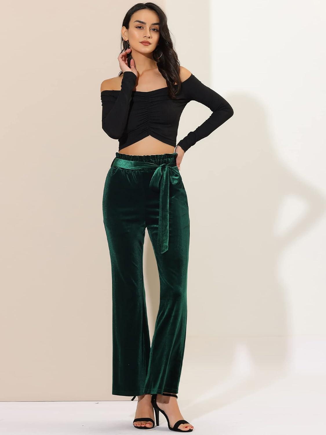 imageAllegra K Womens Velvet Pants Halloween Tie Waist Stretchy Wide Leg Pants with PocketsDark Green