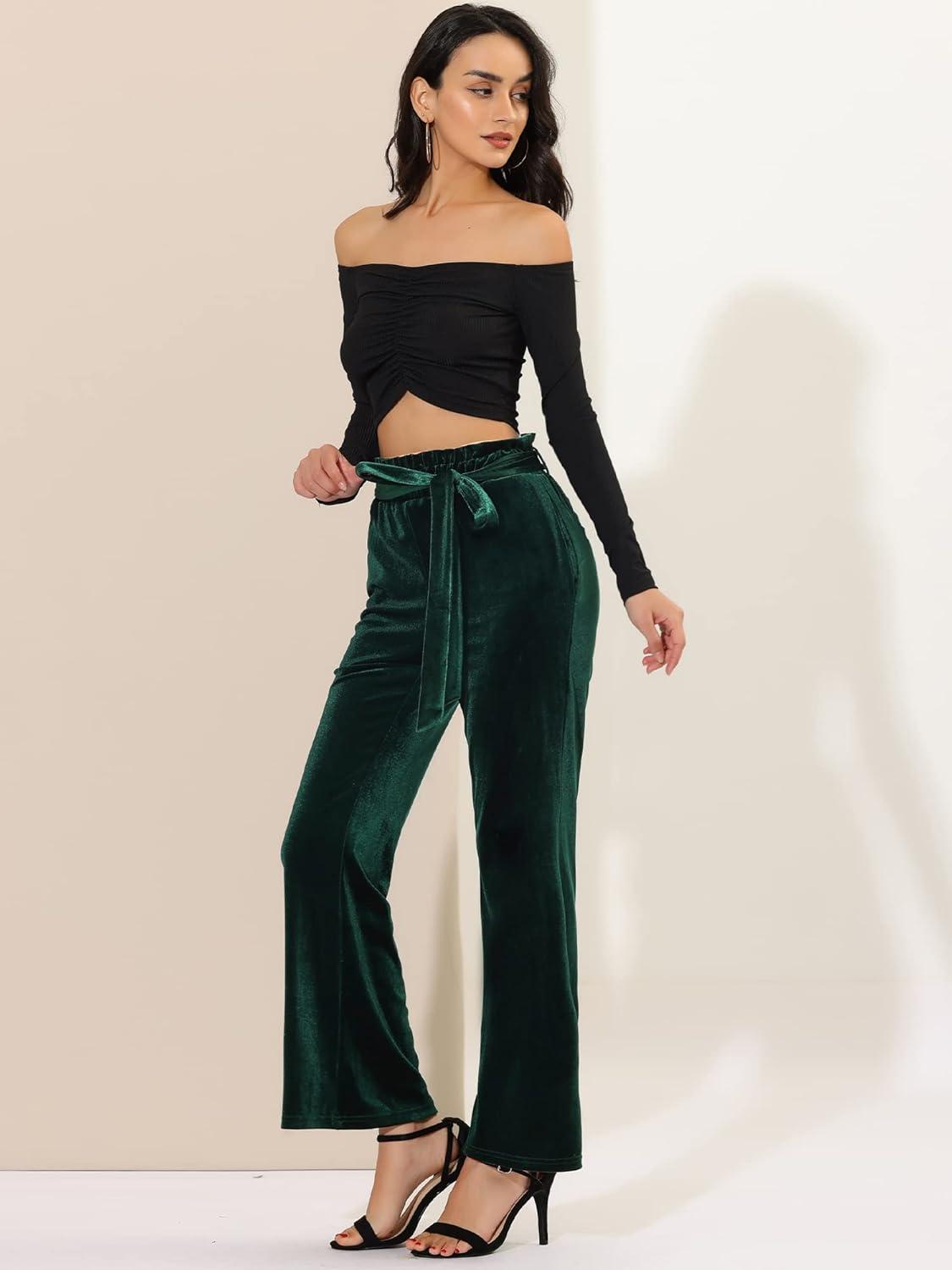imageAllegra K Womens Velvet Pants Halloween Tie Waist Stretchy Wide Leg Pants with PocketsDark Green