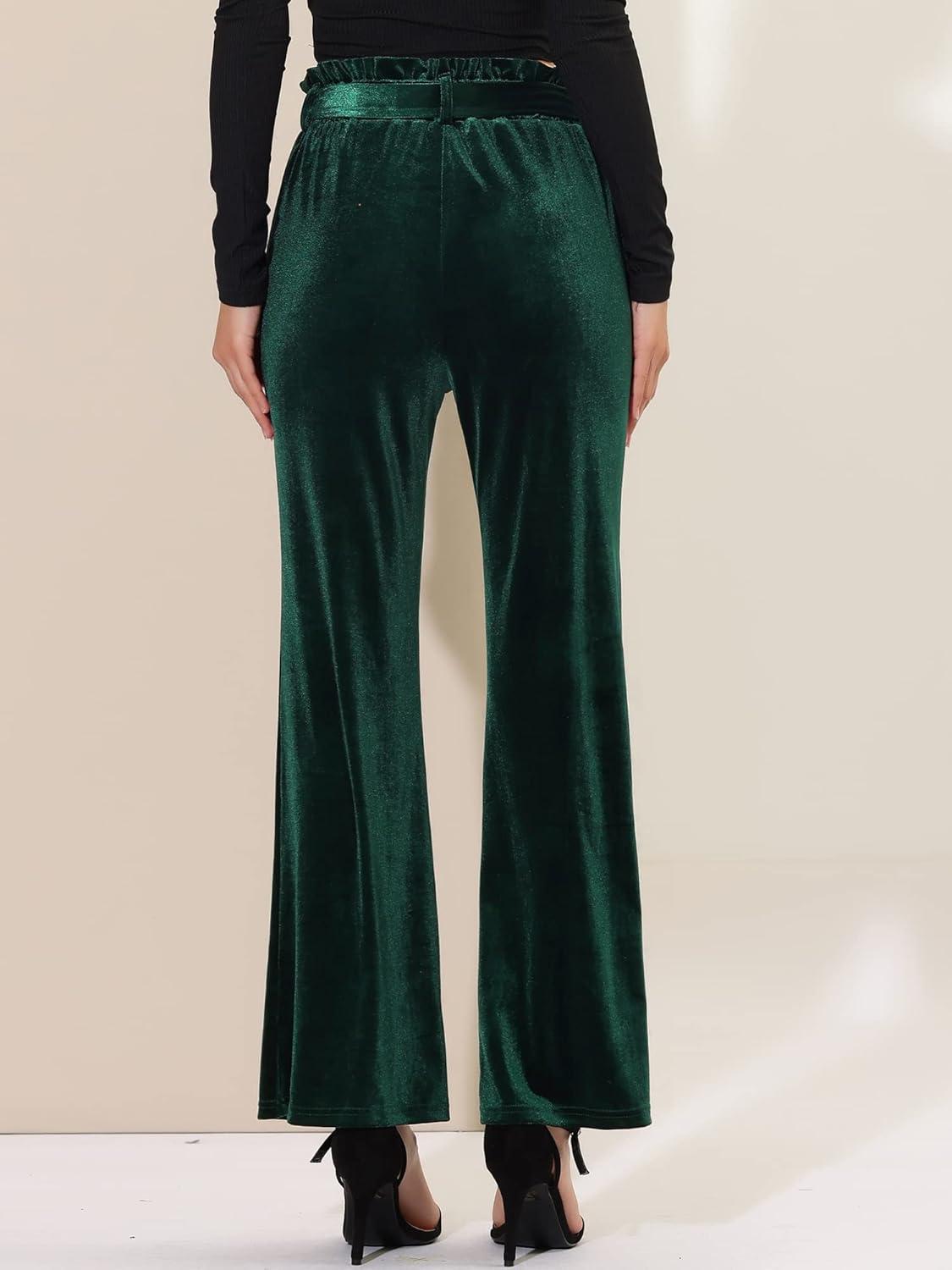 imageAllegra K Womens Velvet Pants Halloween Tie Waist Stretchy Wide Leg Pants with PocketsDark Green