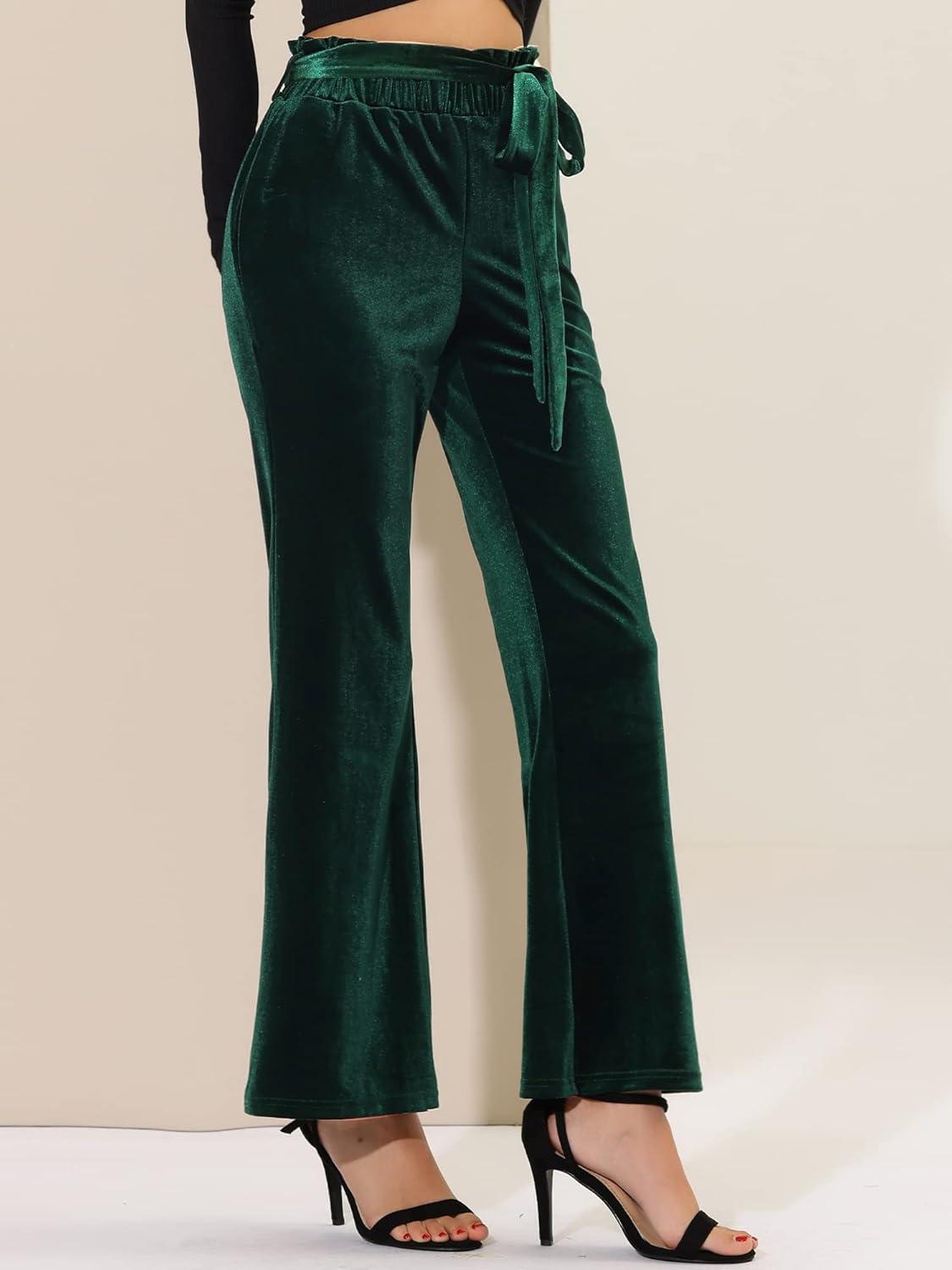imageAllegra K Womens Velvet Pants Halloween Tie Waist Stretchy Wide Leg Pants with PocketsDark Green
