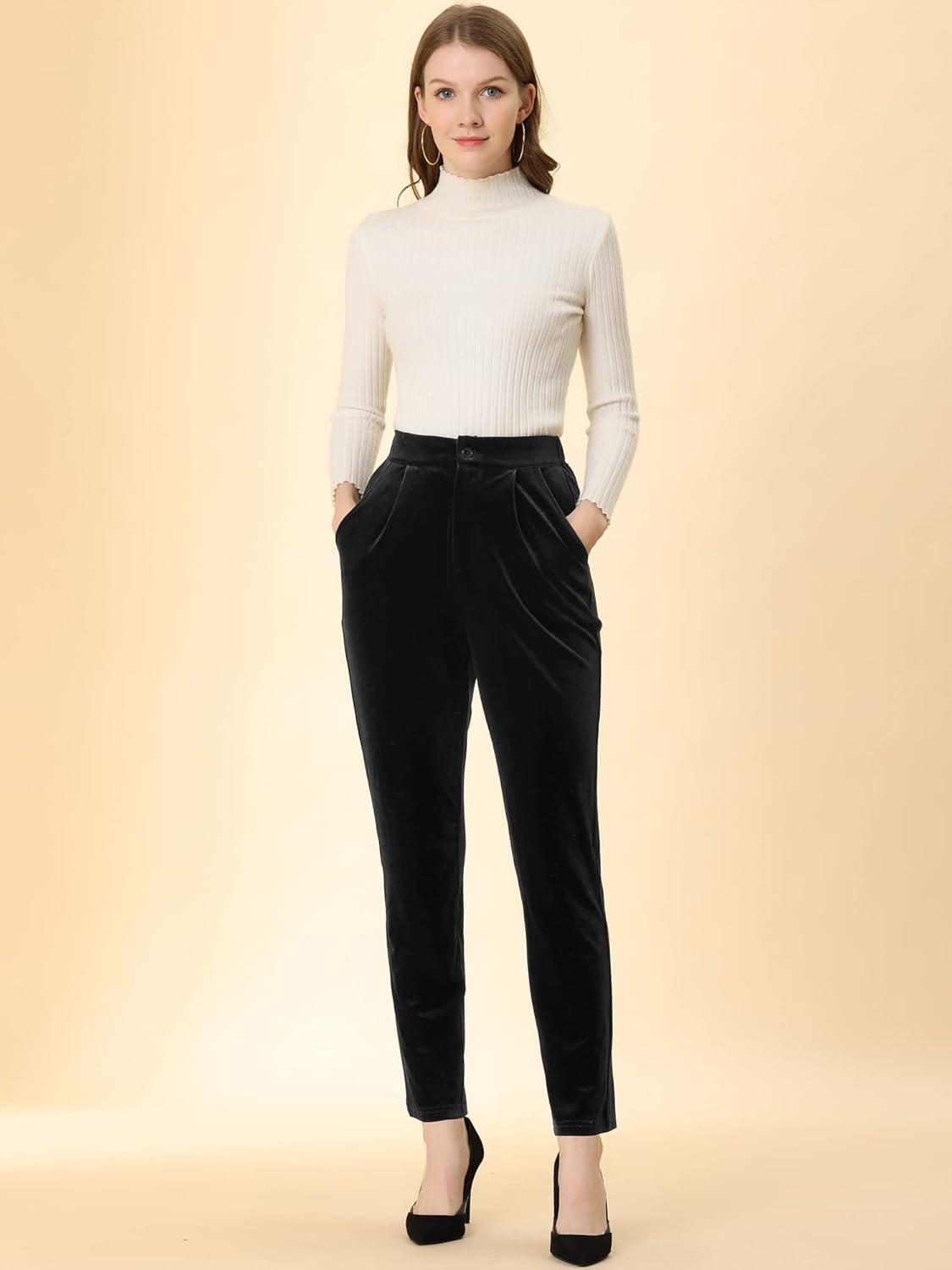 imageAllegra K Womens Velvet Pants High Waist Elegant Trousers with Pockets Work Business Ankle PantsBlack