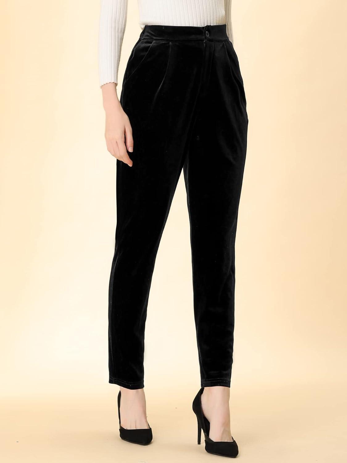 imageAllegra K Womens Velvet Pants High Waist Elegant Trousers with Pockets Work Business Ankle PantsBlack