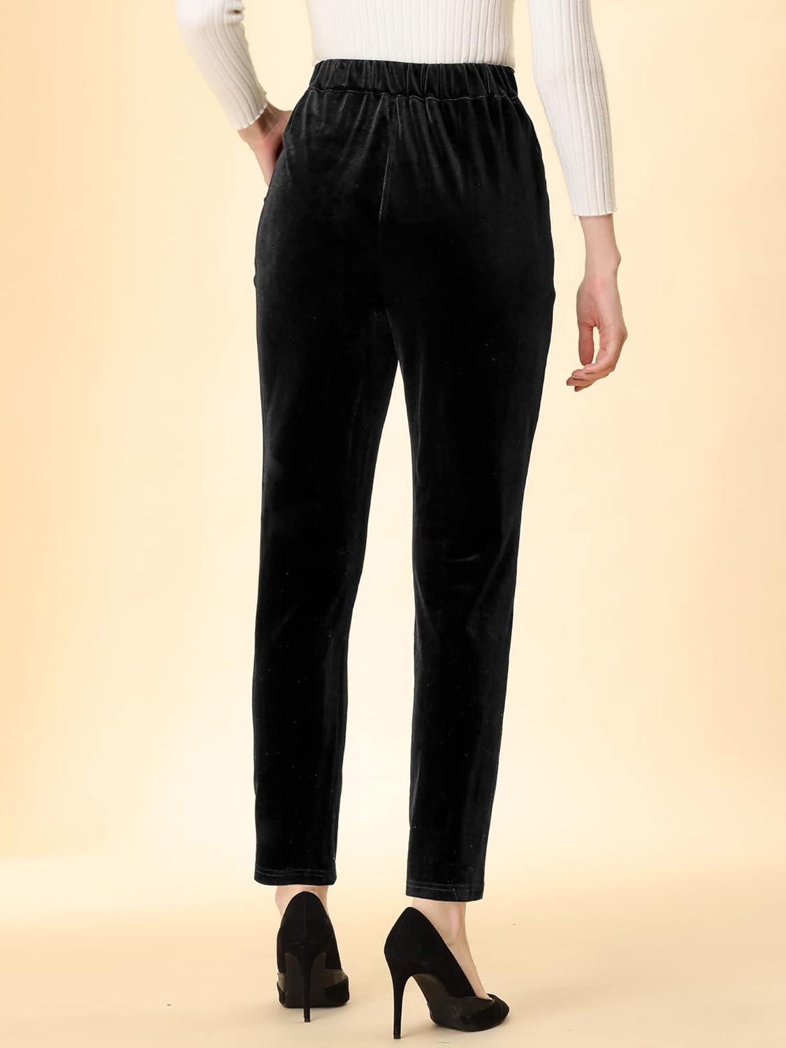 imageAllegra K Womens Velvet Pants High Waist Elegant Trousers with Pockets Work Business Ankle PantsBlack
