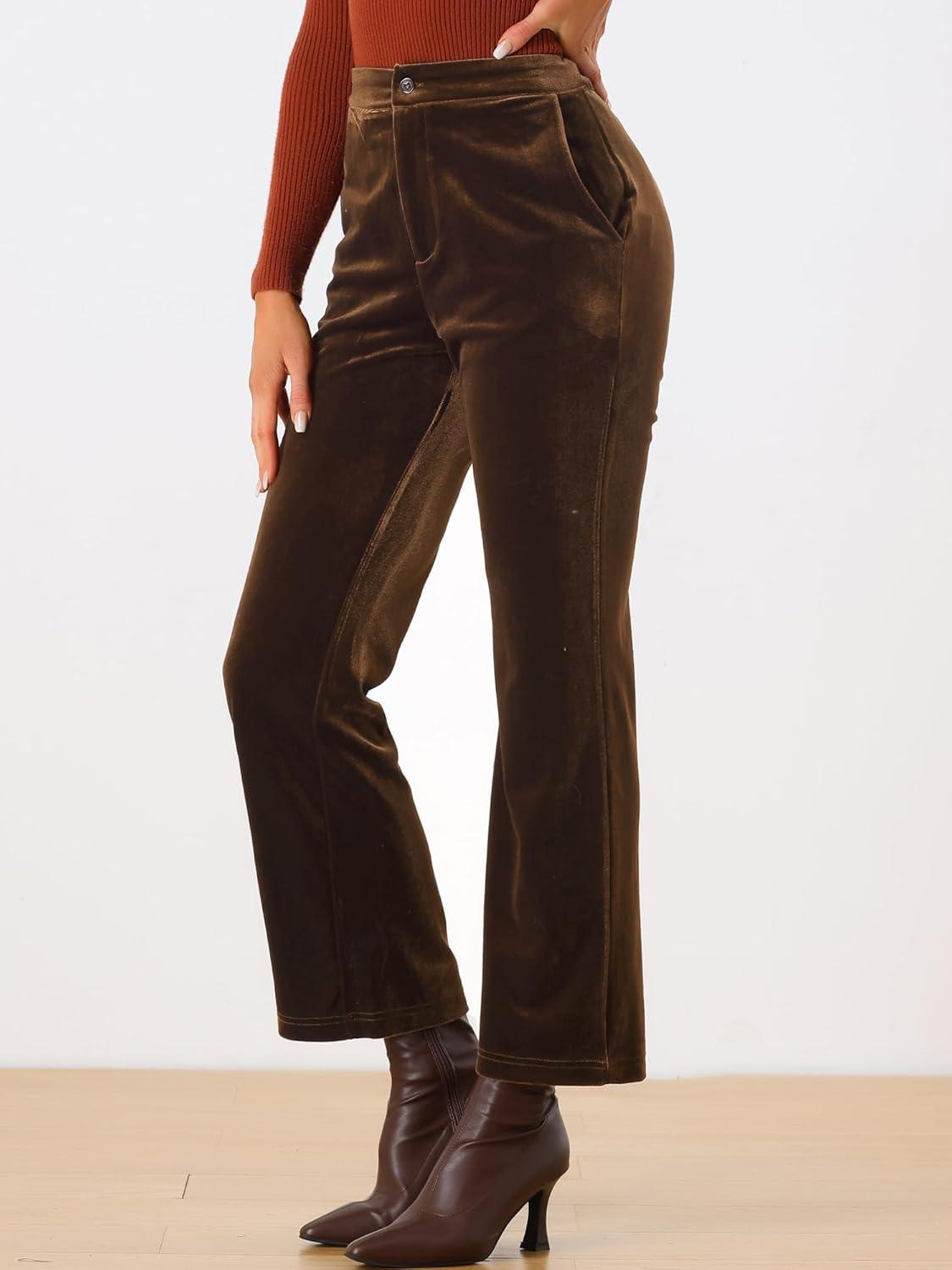 imageAllegra K Womens Velvet Pants High Waist Elegant Trousers with Pockets Work Business Ankle PantsBrown