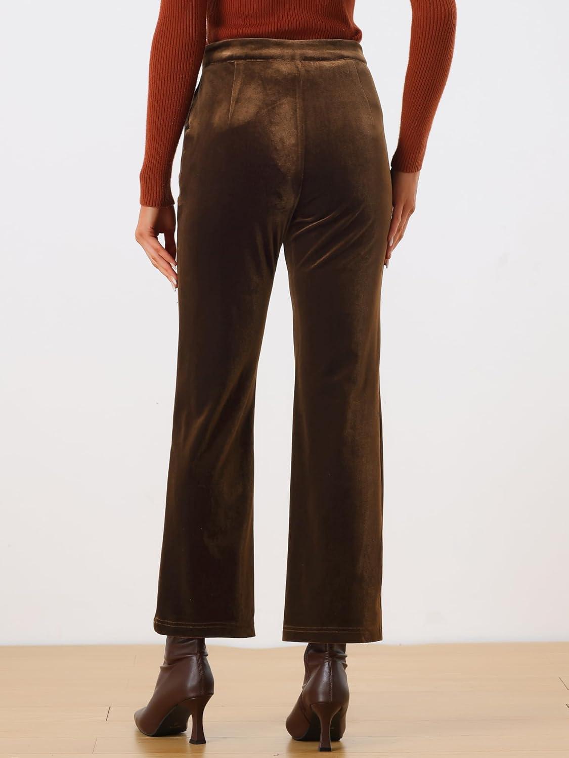 imageAllegra K Womens Velvet Pants High Waist Elegant Trousers with Pockets Work Business Ankle PantsBrown