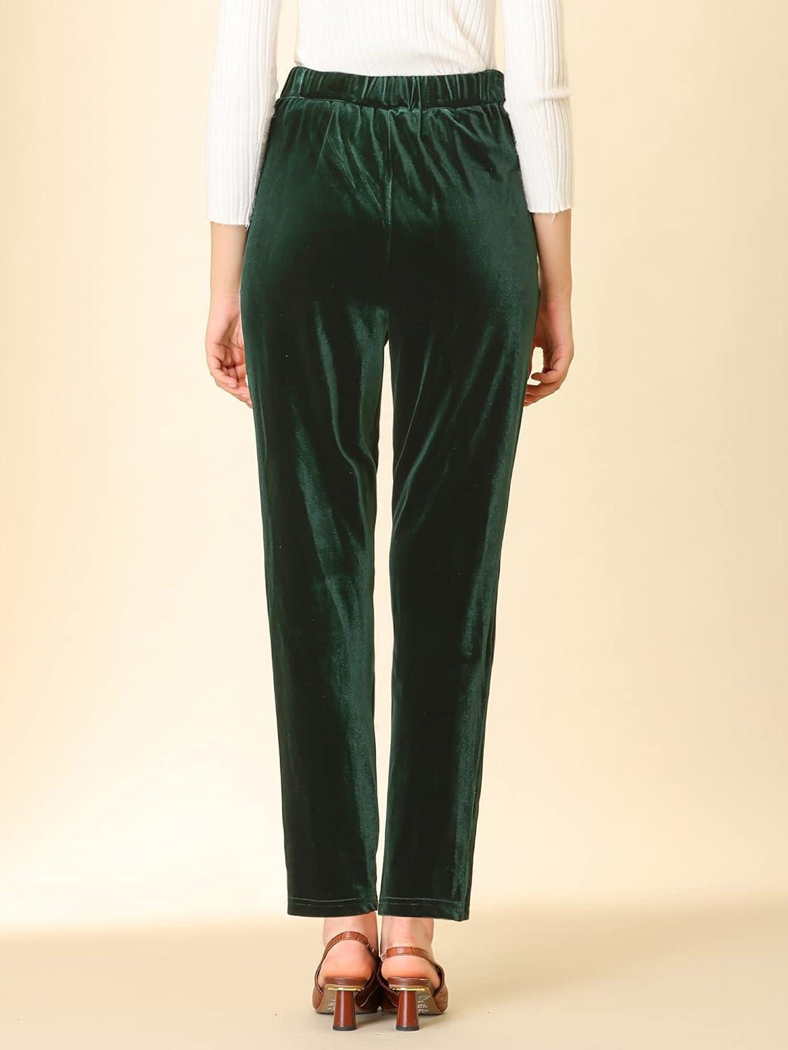 imageAllegra K Womens Velvet Pants High Waist Elegant Trousers with Pockets Work Business Ankle PantsDeep Green
