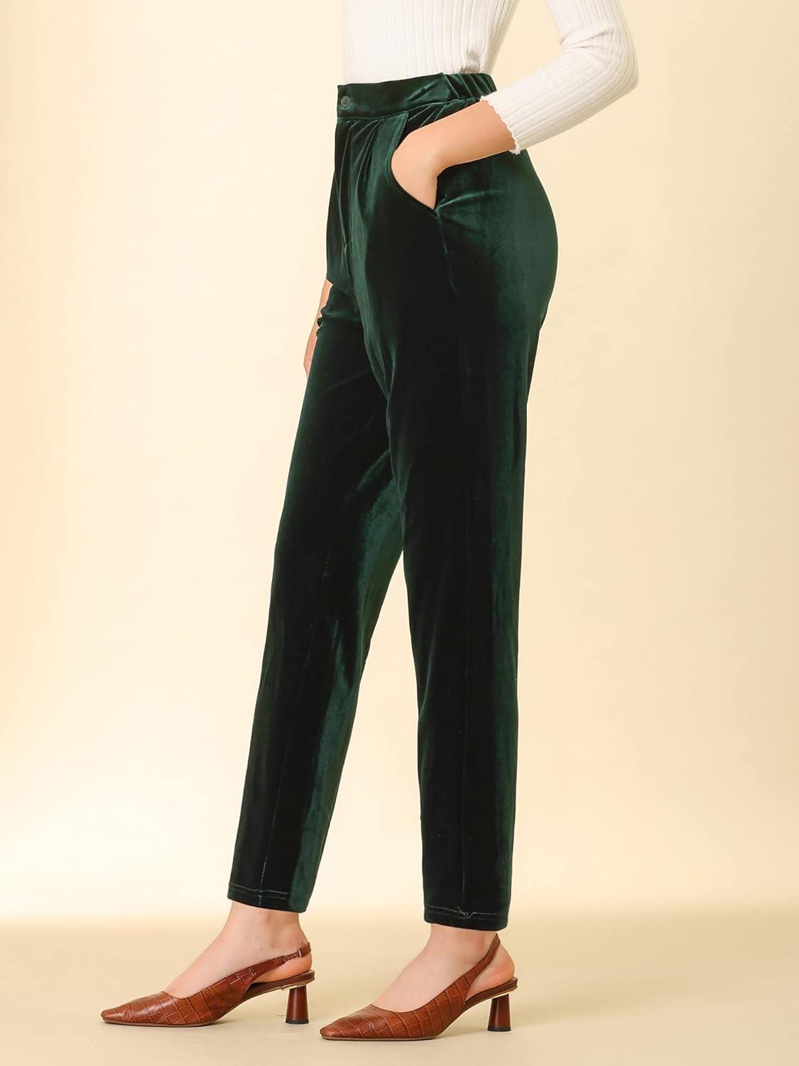 imageAllegra K Womens Velvet Pants High Waist Elegant Trousers with Pockets Work Business Ankle PantsDeep Green