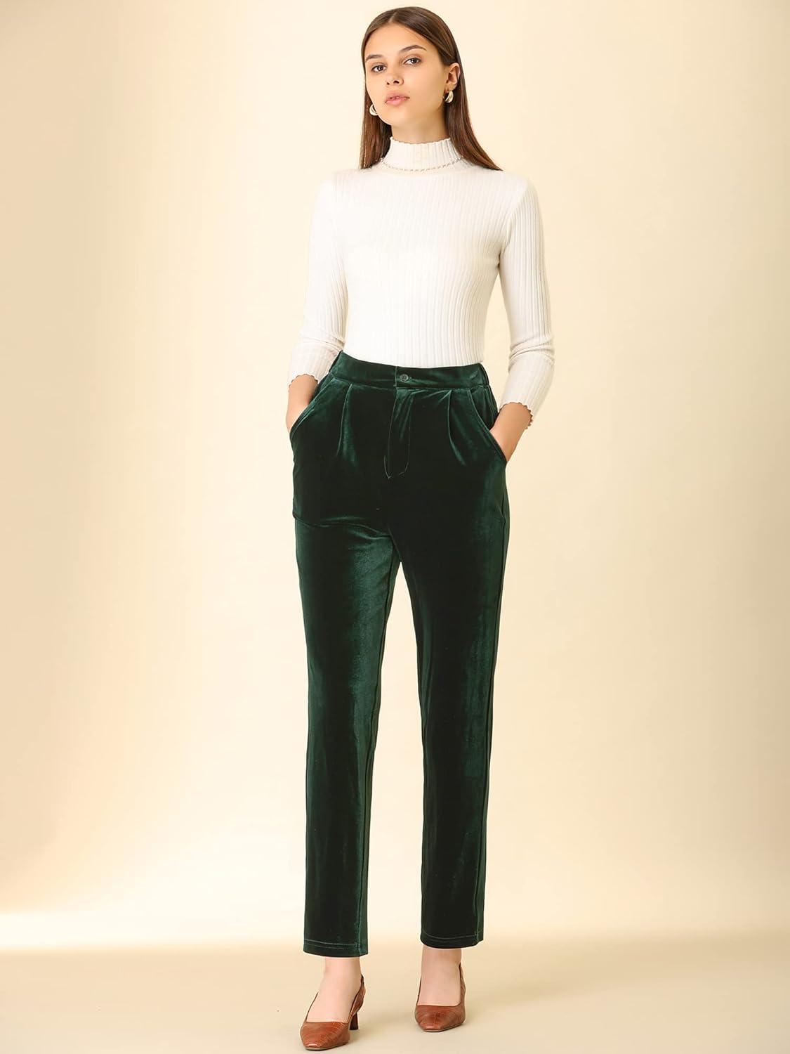 imageAllegra K Womens Velvet Pants High Waist Elegant Trousers with Pockets Work Business Ankle PantsDeep Green